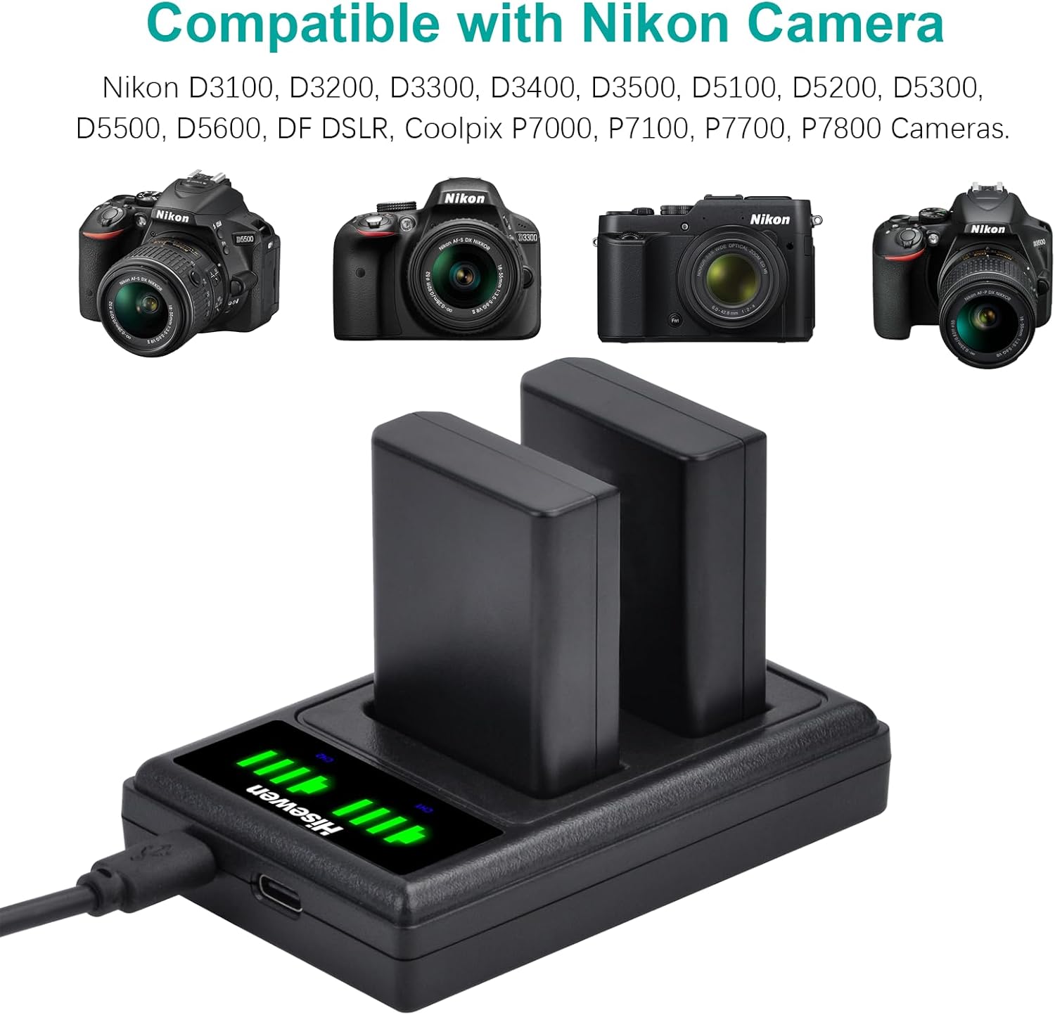 Hisewen EN-EL14 EN-EL14a Battery 2 Pack and LED Dual Charger for Nikon D3100 D3200 D3300 D3400 D3500 D5100 D5200 D5300 D5500 D5600 DF Coolpix P7000 P7100 P7700 P7800 Camera