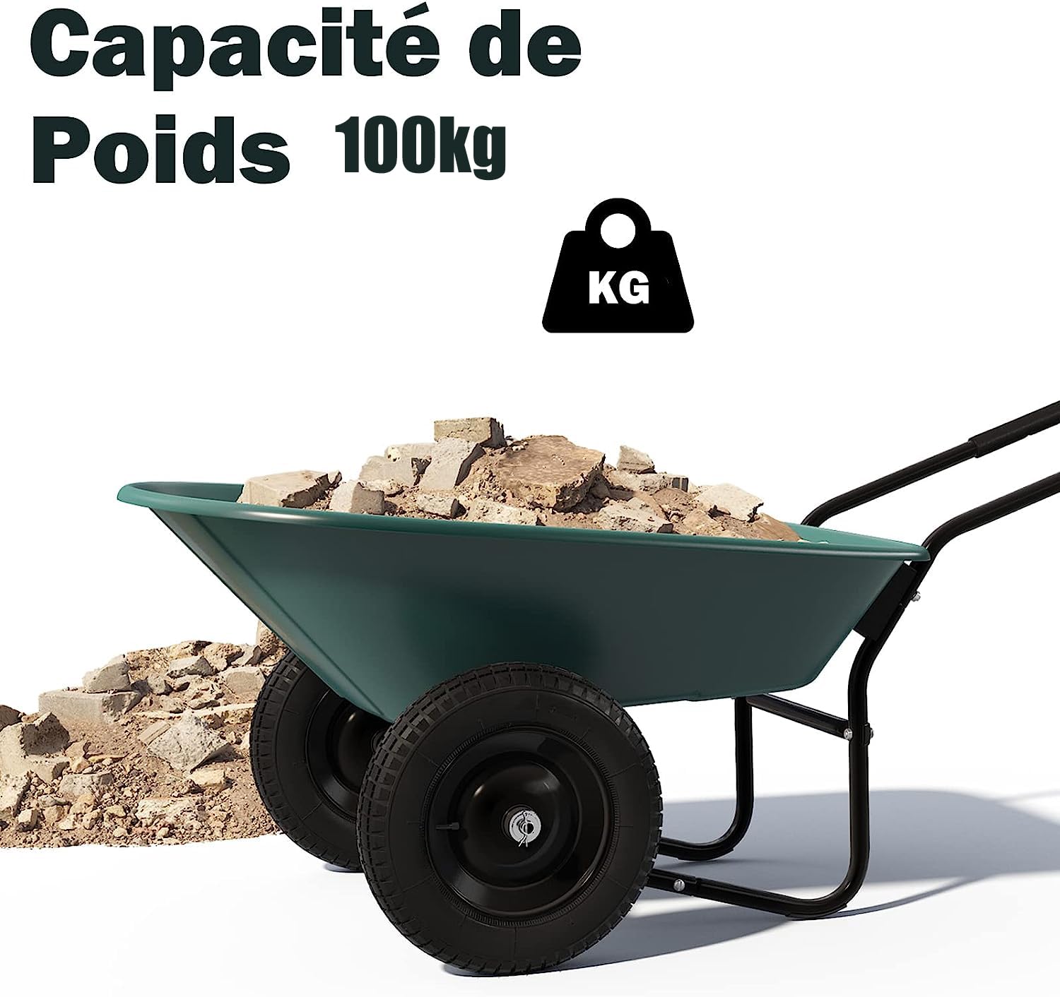 GYMAX Brouette de Jardin 2 Roues avec Cuve de 140 L, Chariot de Jardin avec Contenant en PP, Cadre en Fer Charge 100kg, Pneumatiques pour Tout Terrain, Convient pour Jardin, Patio et Entrepôt (Vert)