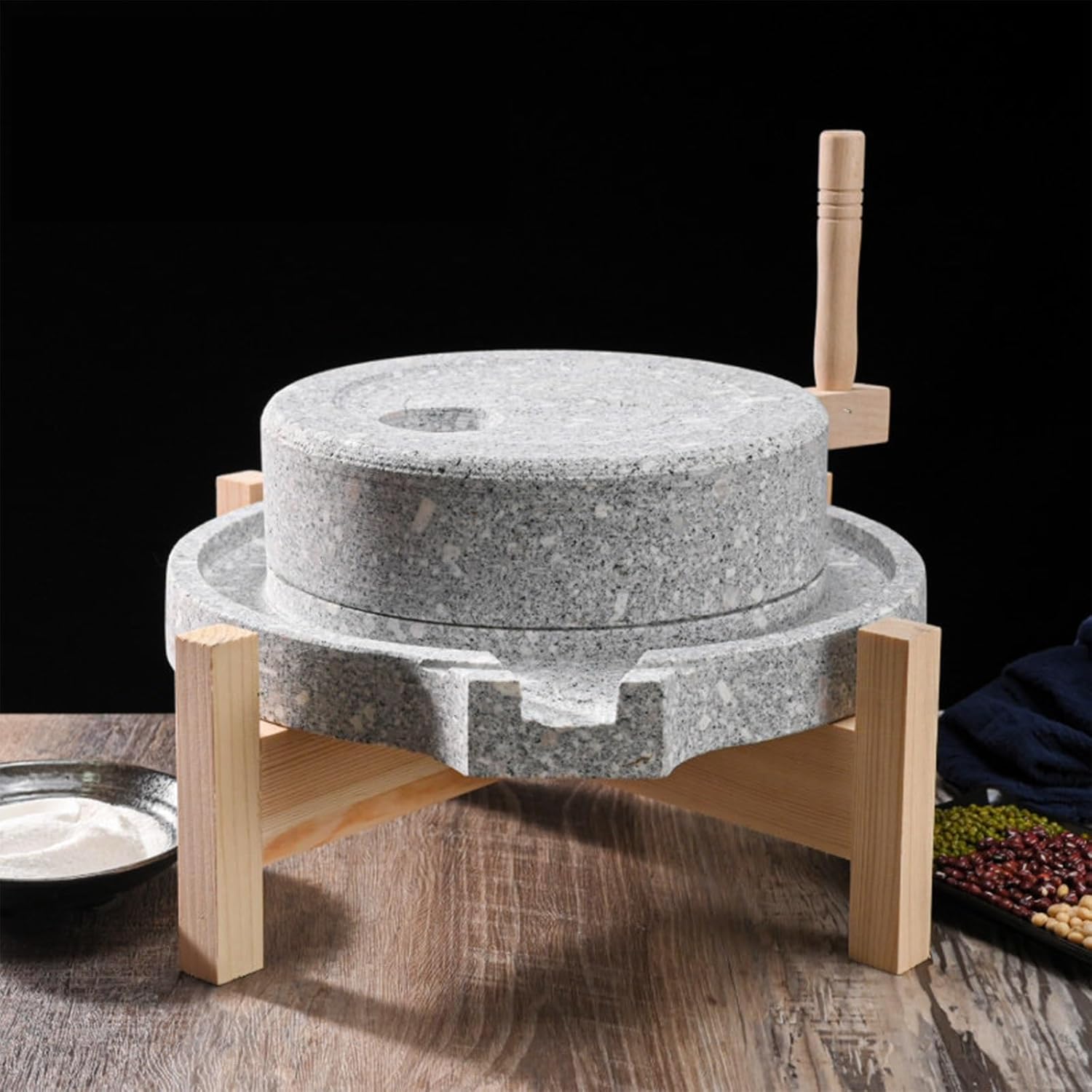 Heavy-Duty Natural Stone Grain Mill with Handle - Traditional Manual Flour Grinder for Home Kitchen - Easy to Clean Wooden Base - 20cm & 30cm (7.8in & 11.8in)
