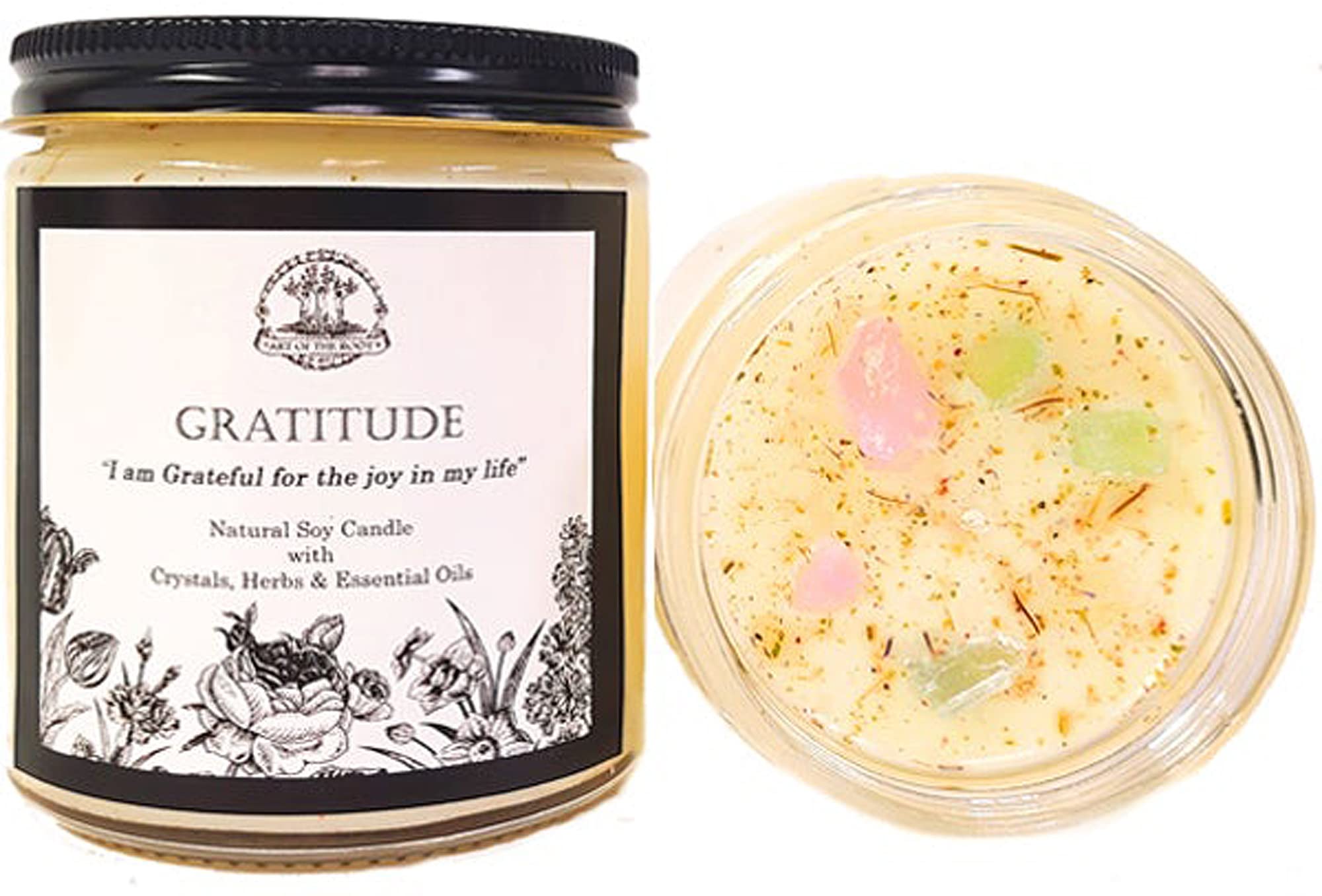 Gratitude Affirmation Candle: Natural Soy Wax | Rose Quartz, Green Calcite, Herbs & Essential Oils | Abundance, Blessings, Forgiveness, Acceptance | Wiccan, Pagan & Magick Rituals