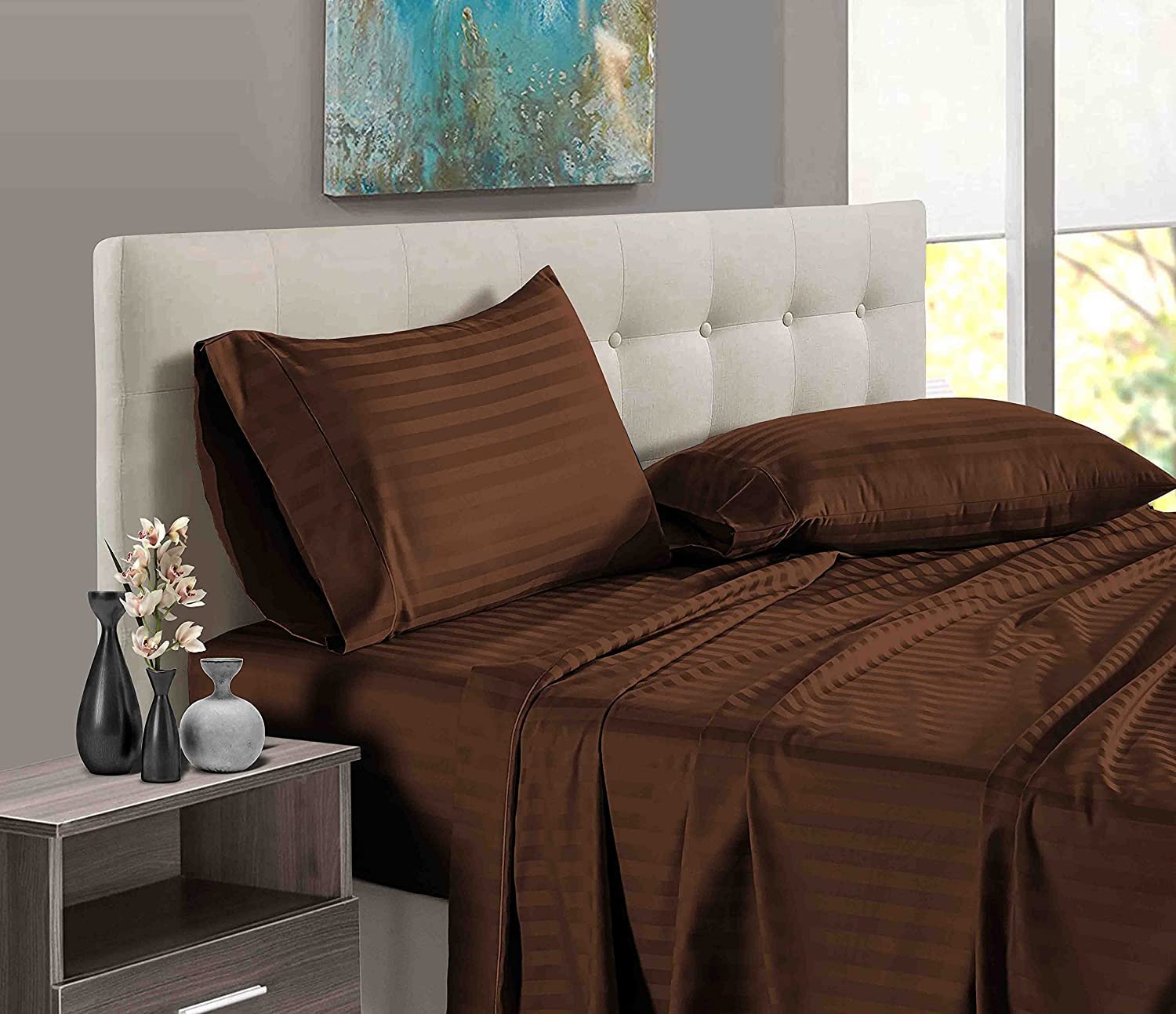 400 Thread Count Sheet Set of 4 Piece - 100% Egyptian Cotton Bed Sheet Sets - Luxury Sateen-Finish Long Staple Combed Cotton -36 CM Deep Pocket of Fitted Sheet, Chocolate Stripe, Emperor Size