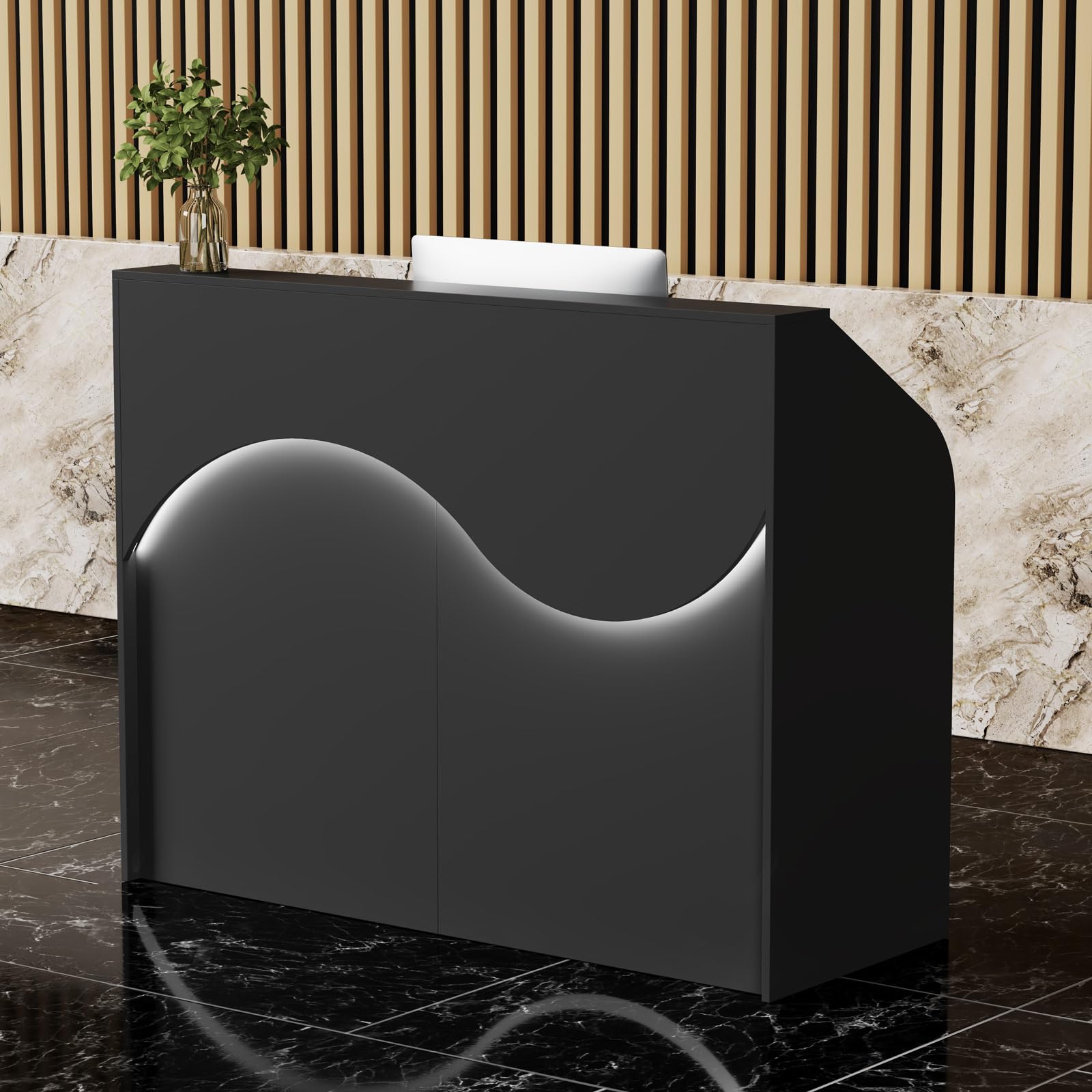 55.1" Modern Reception Desk with LED Lights, Curved Wave Design Front Desk for Salon Office Retail, Checkout Counter with Lockable Drawers & Charging Station, White