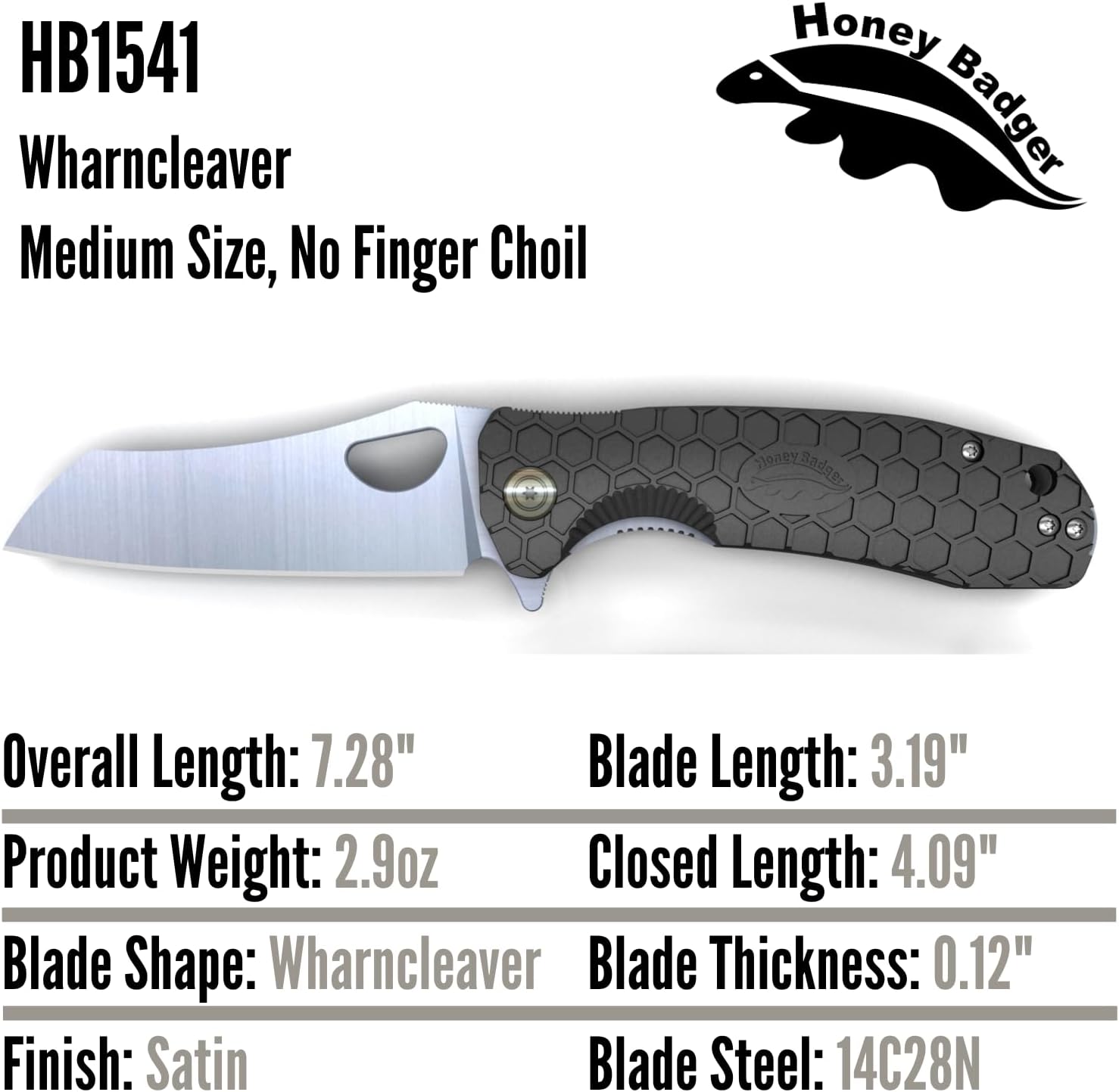 Honey Badger Knives Medium Folding Pocket Knife - 14C28N Steel, 3.20" Blade, Black FRN Handle - Ball Bearing Flipper, Thumb Hole, Reversible Deep-Carry Clip