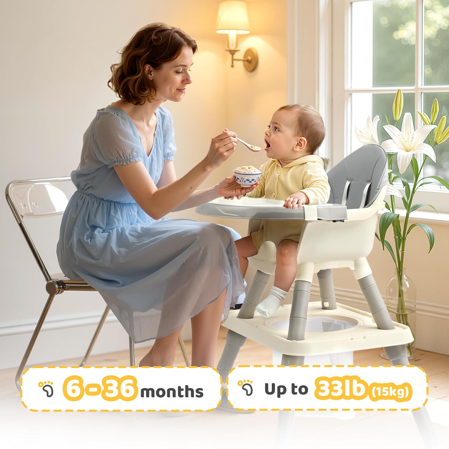 JOYMOR 7 in 1 Convertible Baby High Chair for Babies and Toddlers, Table and Chair Set, Infant Eating Highchair with Leather Seat Cushion
