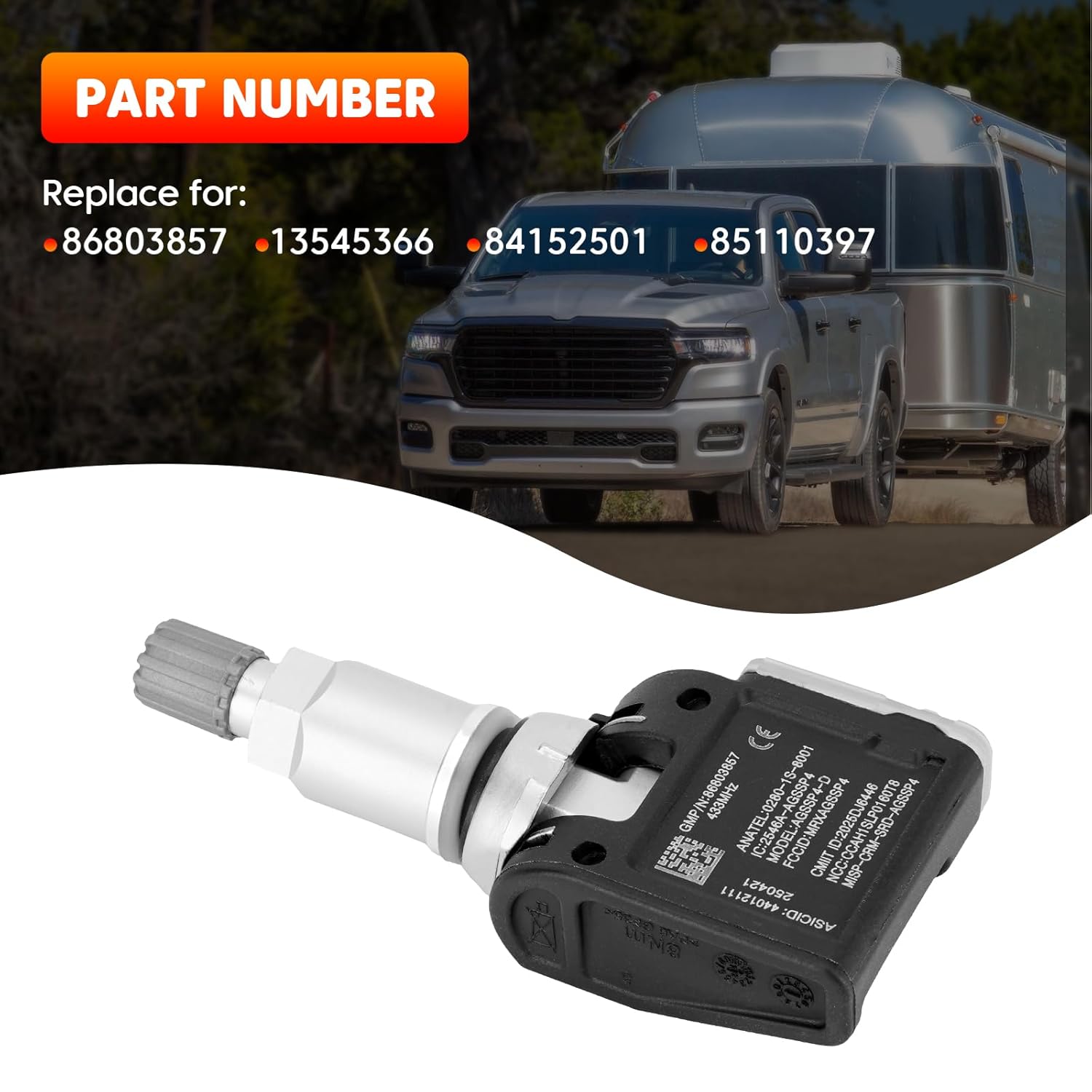TPMS Sensor, 433MHz Trailer Tire Pressure Monitor Sensors Compatible with 2019-2025 GMC Chevy Cadillac Models with Trailering Tire Pressure Sensors ONLY (RPO Code XL8), Replace for 86803857, 4pcs