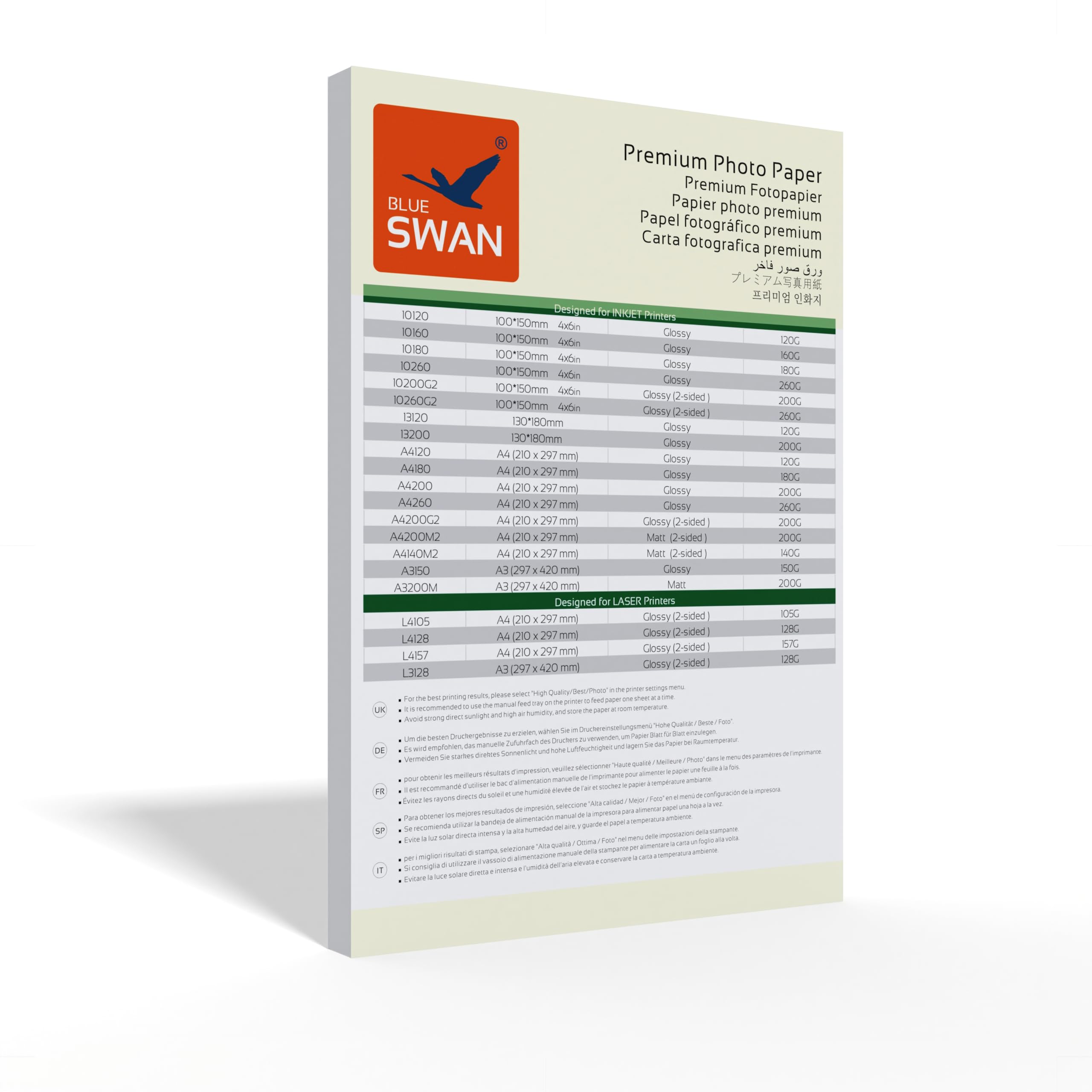 BLUE SWAN Carta Fotografica Lucida A4, 230 g/m² Extra Spessa, 50 Fogli – Bianco Lucido, Asciugatura Rapida, Resistente all’Acqua e ai Graffi, Compatibile con Stampanti Inkjet