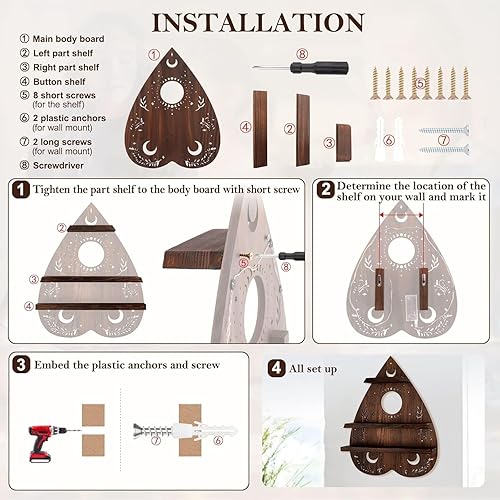 Vista 16 de ANROYE Estante de exhibición de mariposa de luna de cristal, estantes flotantes de pared de madera de pino boho con luz para almacenamiento