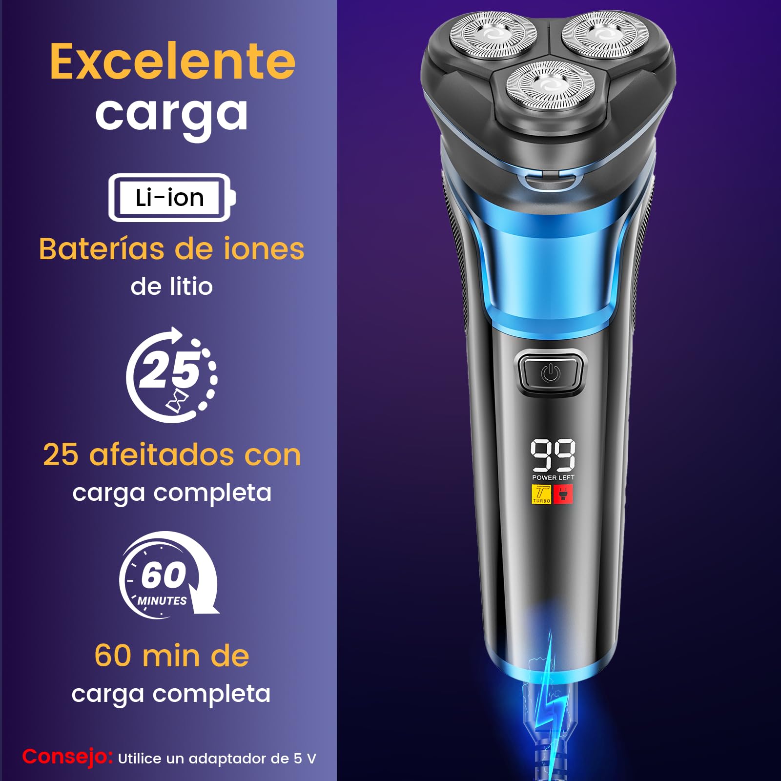 Skycool Afeitadora Electrica Hombre, Maquina De Afeitar Hombre Inalambrica Recargable, Afeitadora En Seco Y Húmedo Con Recortadora Emergente, Dos Modos De Velocidad, Pantalla Led