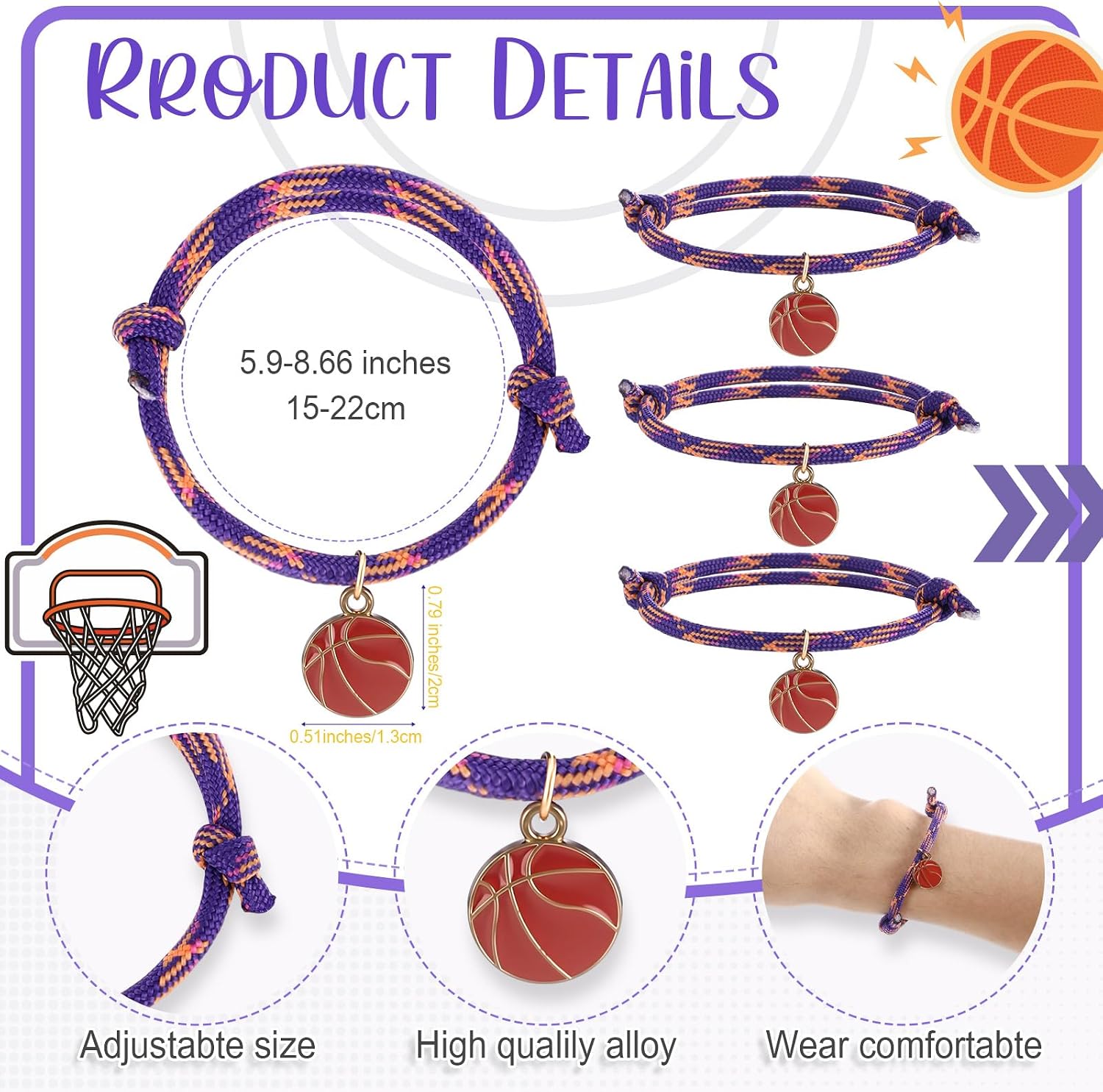 Ecation 20 Pcs Baseball Basketball Braided Bracelets Bulk Adjustable Rope Bracelets with Charm Sports Party Wristbands Gift for Team Birthday Party Favors