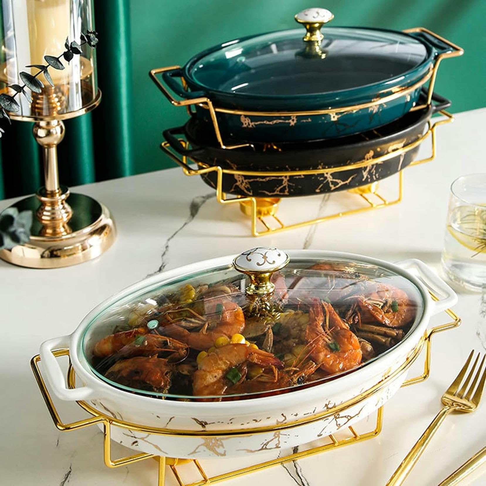 Set da Buffet con scaldavivande in Ceramica, Finitura Effetto Marmo, con Coperchio in Vetro e Porta-combustibile per Buffet/Banchetti (Nero L)