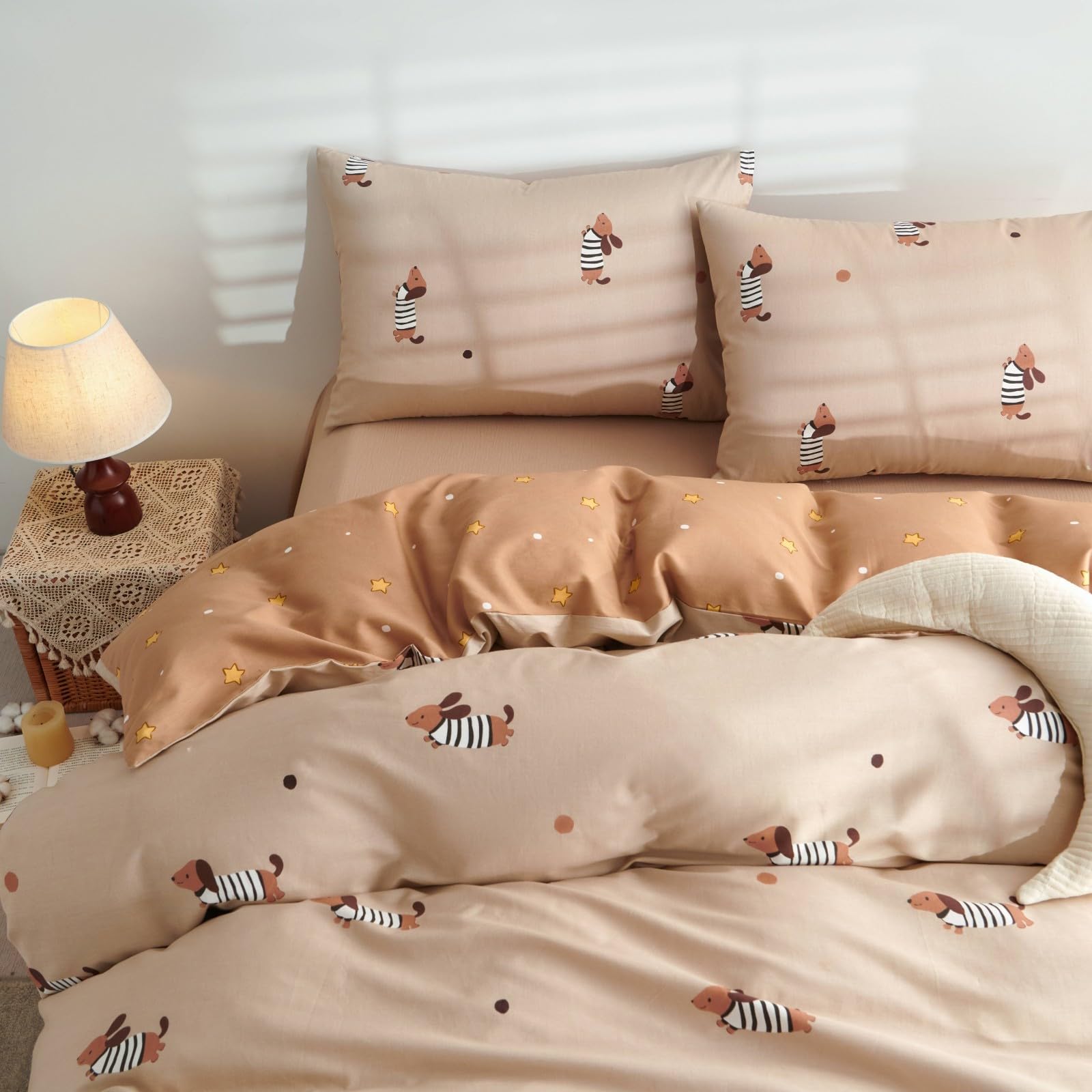 Tospass Set di biancheria da letto in cotone, 135 x 200 cm, colore kaki, bassotto colorato, per ragazze, con motivo a cane, copripiumino con chiusura lampo e federa 80 x 80 cm