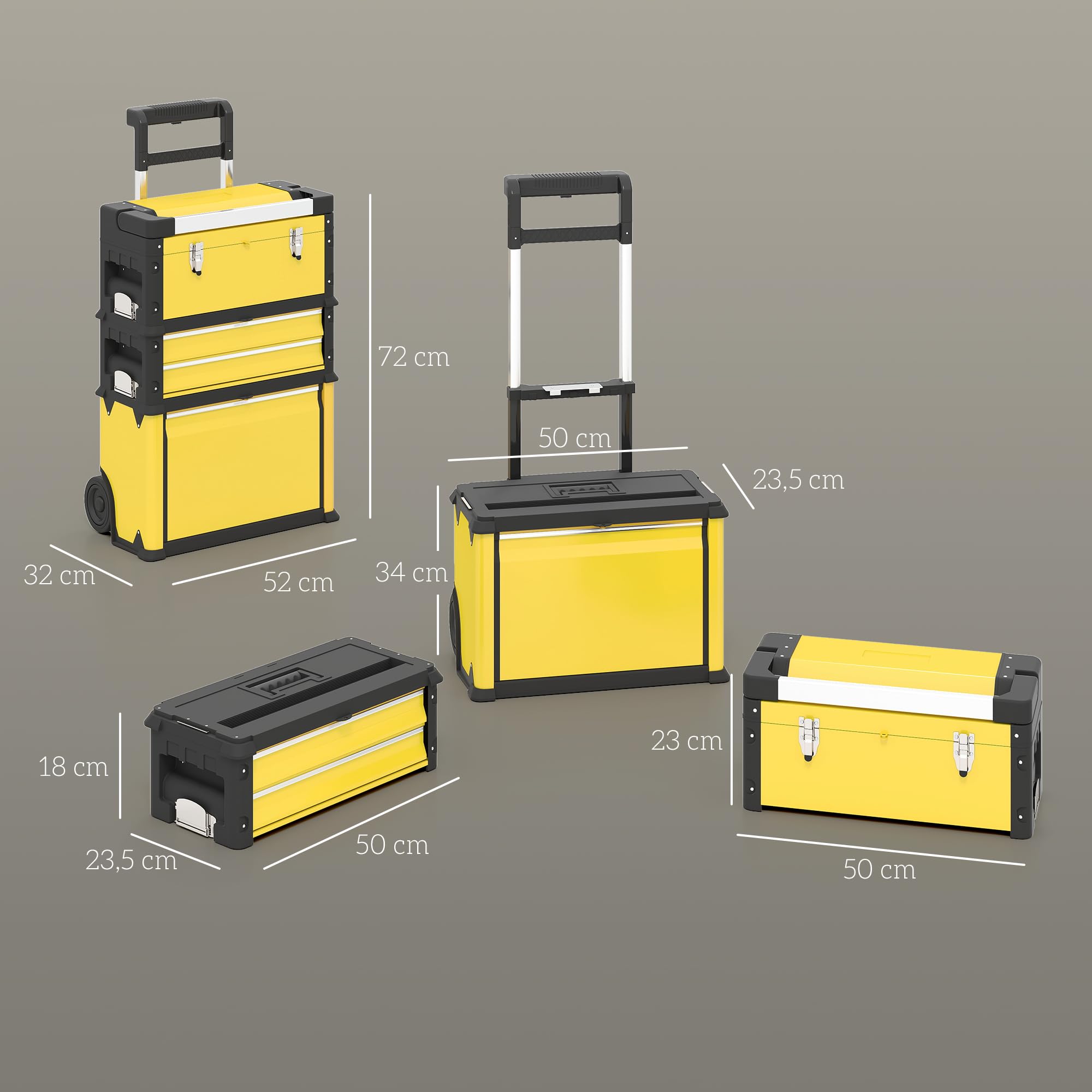 HOMCOM Set di 3 cassette portautensili su ruote impilabili e modulari per officina trolley in acciaio con vassoio, maniglie e serratura, per garage e magazzino, colore giallo
