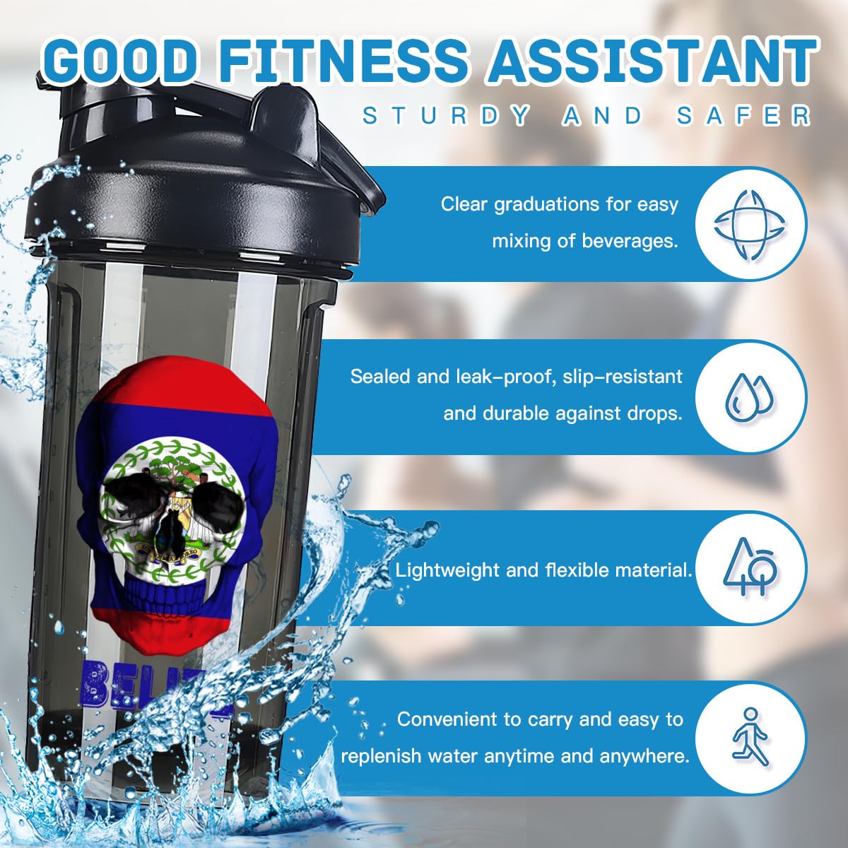 Skull Belizean Flag 18 Ounce Shaker Cup,Fashion Theme Pattern Shaker Bottle Leak-proof Workout Shake Bottles 500ML/18 oz Perfect for Pre Workout