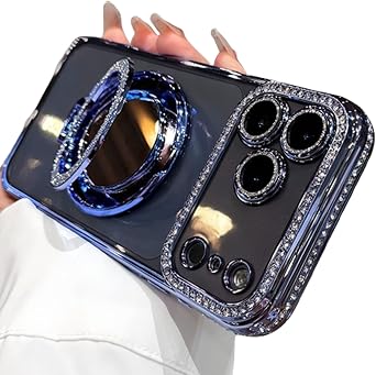 Sparkling Diamond Womens Phone Case with Mirror & Stand for iPhone 13/14/15/16/17 Pro Max, Magnetic Mirror Stand Blue,for 13