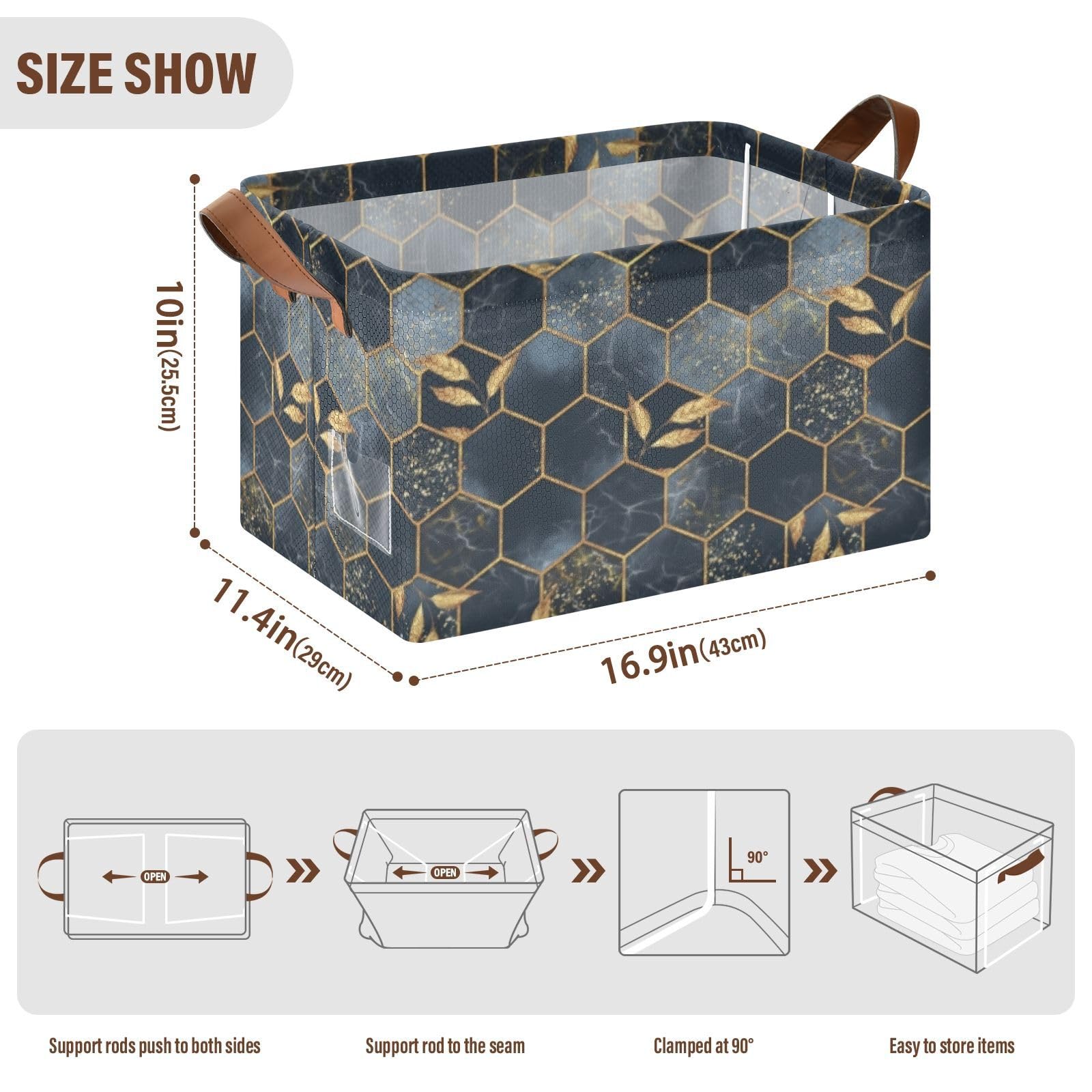 Modern Marbling Gold Black Marble Geometric Rhombus with Gold Leaves 2PC Rectangle Foldable Frame Basket Leather Handles Storage Bin for Laundry Bathroom Organizer M 16.9 x 11.4 x 10 inch
