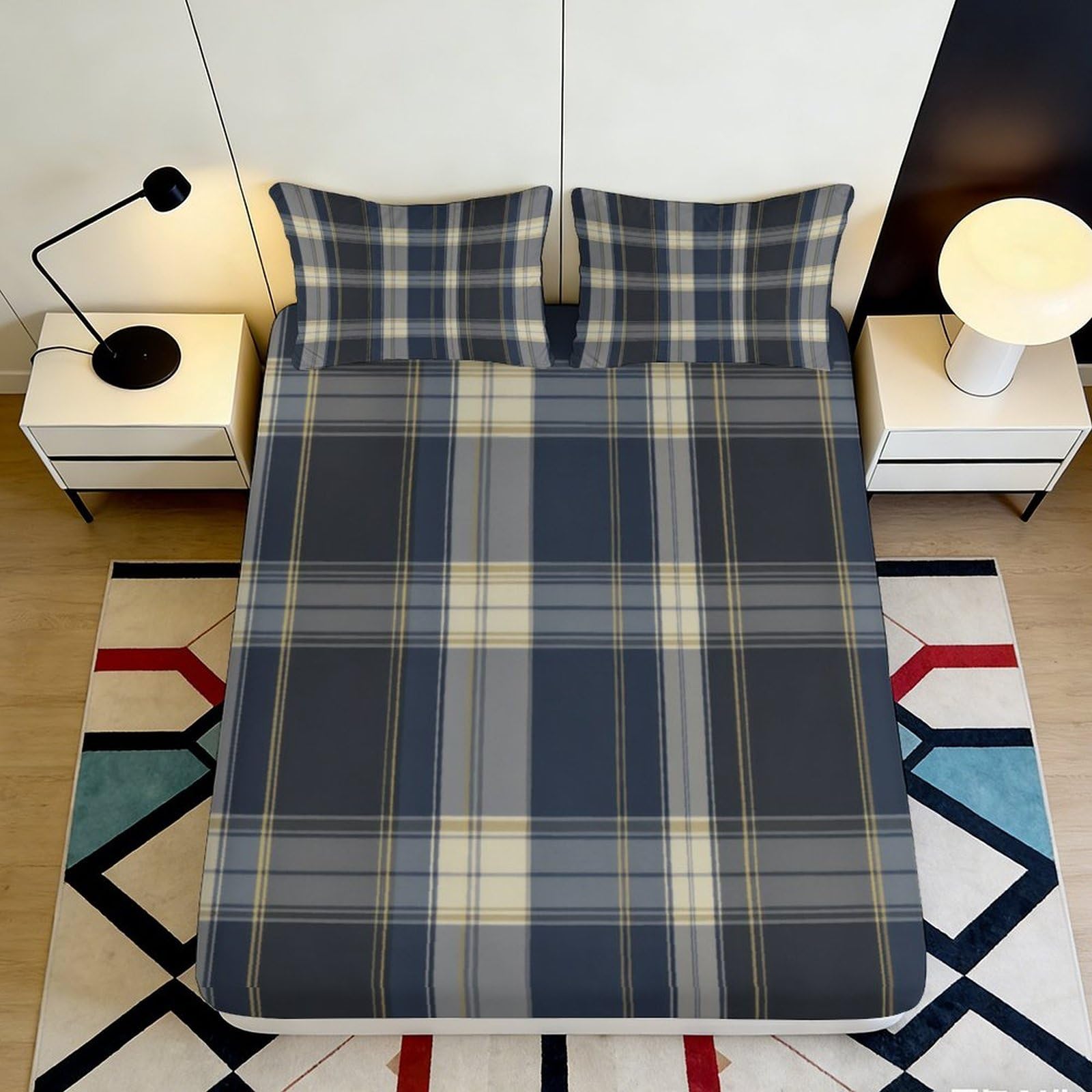 3D Printed Blue Plaid Fitted Sheet Microfiber Soft Breathable Checkered Mattress Cover for Bedroom Dorm Decor Protection 90x200x25cm