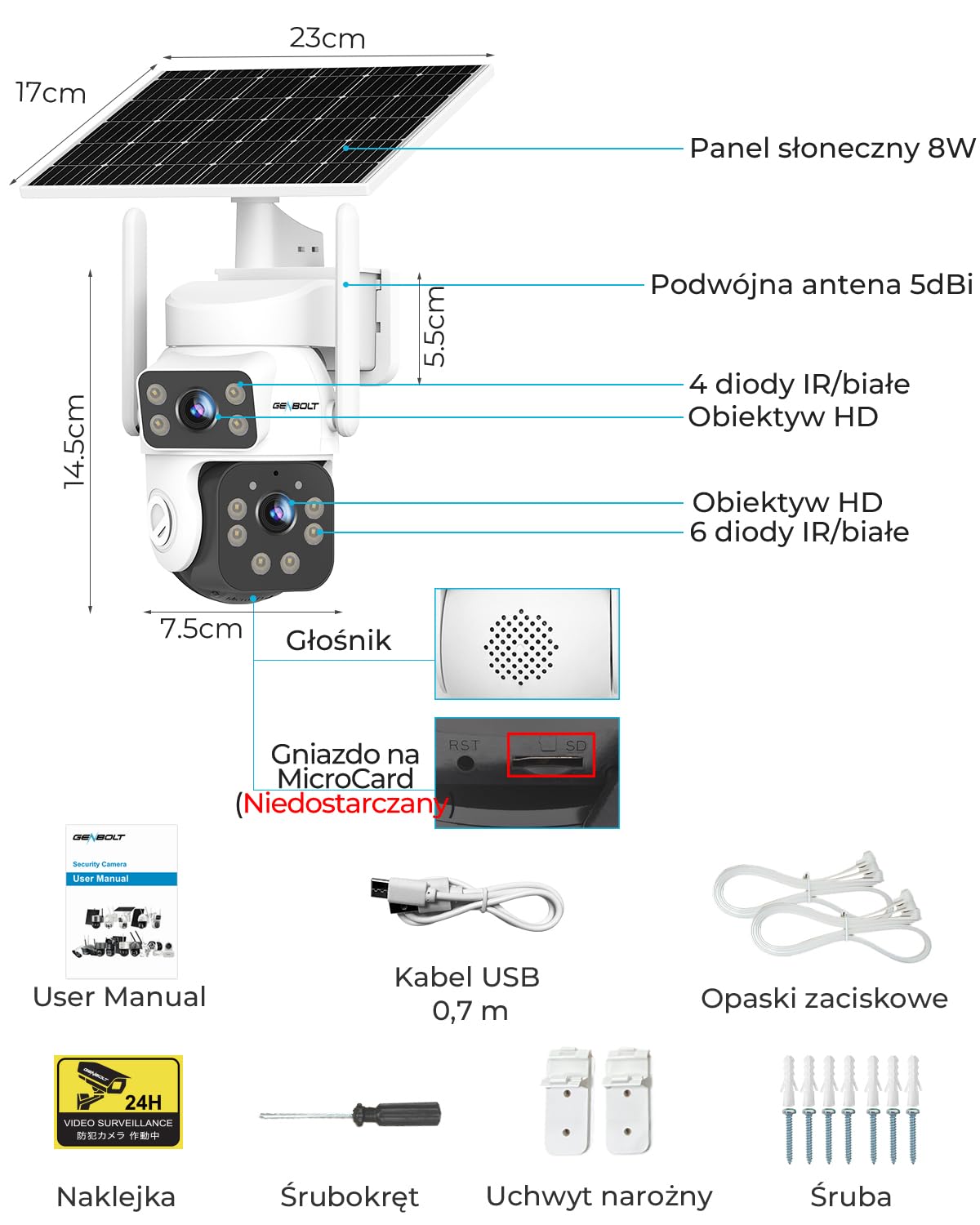 GENBOLT 2K AOV WiFi Kamera Zewnętrzna Solarna Dwa obiektywy 3MP*2
