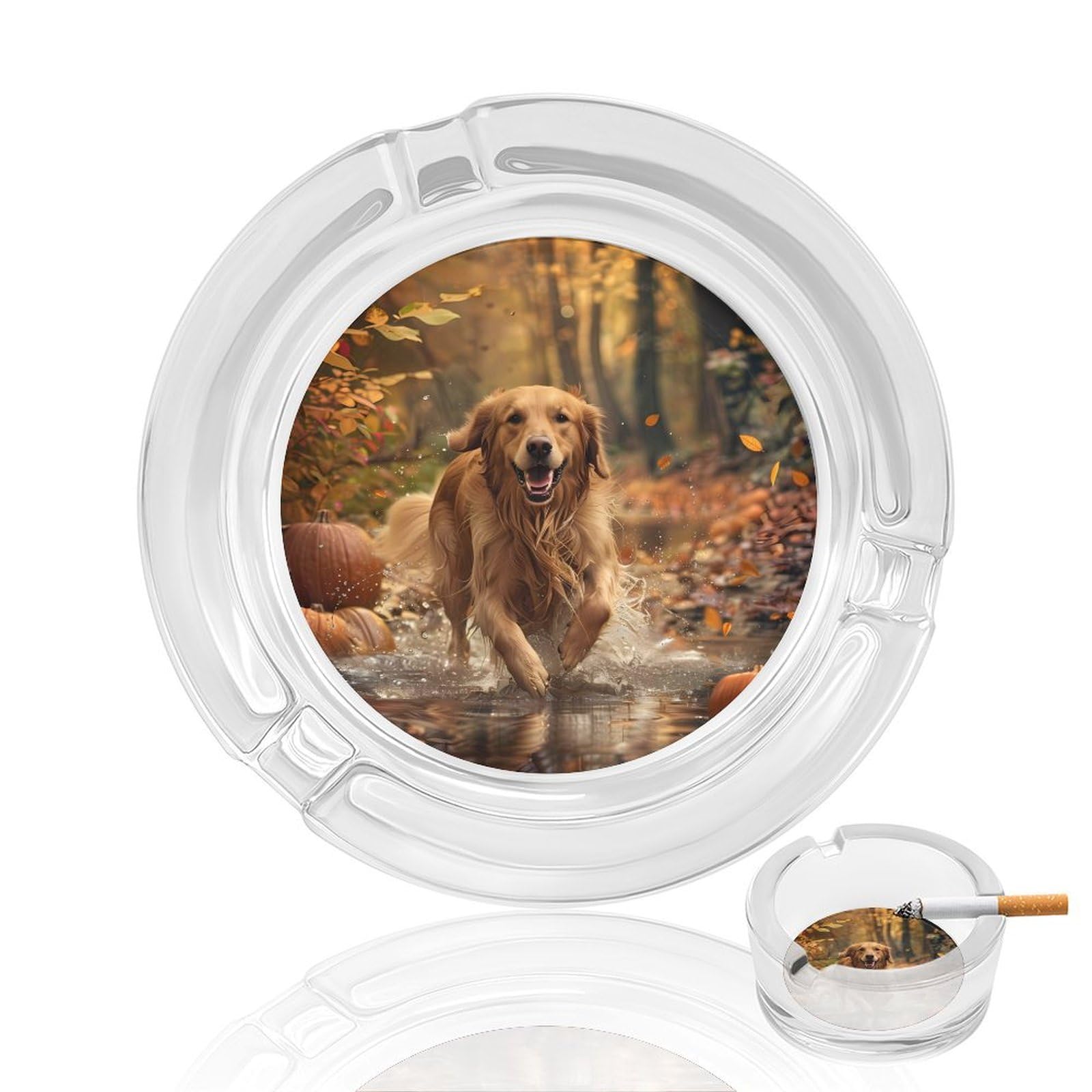 Pumpkin Thanksgiving Halloween Retriever Dog Ashtray Portable Round Glass Outdoor Ash Tray for Home Office Garden Pub