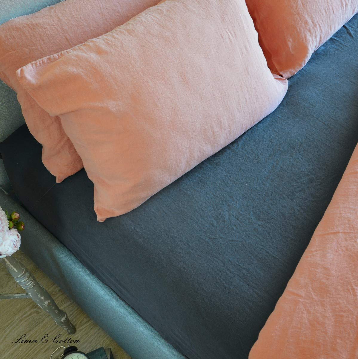 Linen & Cotton Alicia miękkie w dotyku prześcieradło z gumką – 100% len, sprane, węgiel drzewny, szare (150 x 200 cm) prześcieradło lniane, na łóżko, podwójne łóżko