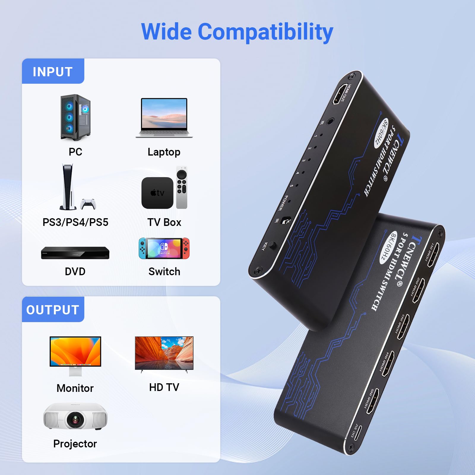 Switch HDMI 5 IN 1 OUT TCNEWCL - Sdoppiatore 4K Con Telecomando Per TV, Xbox, PS5 E Altri Dispositivi