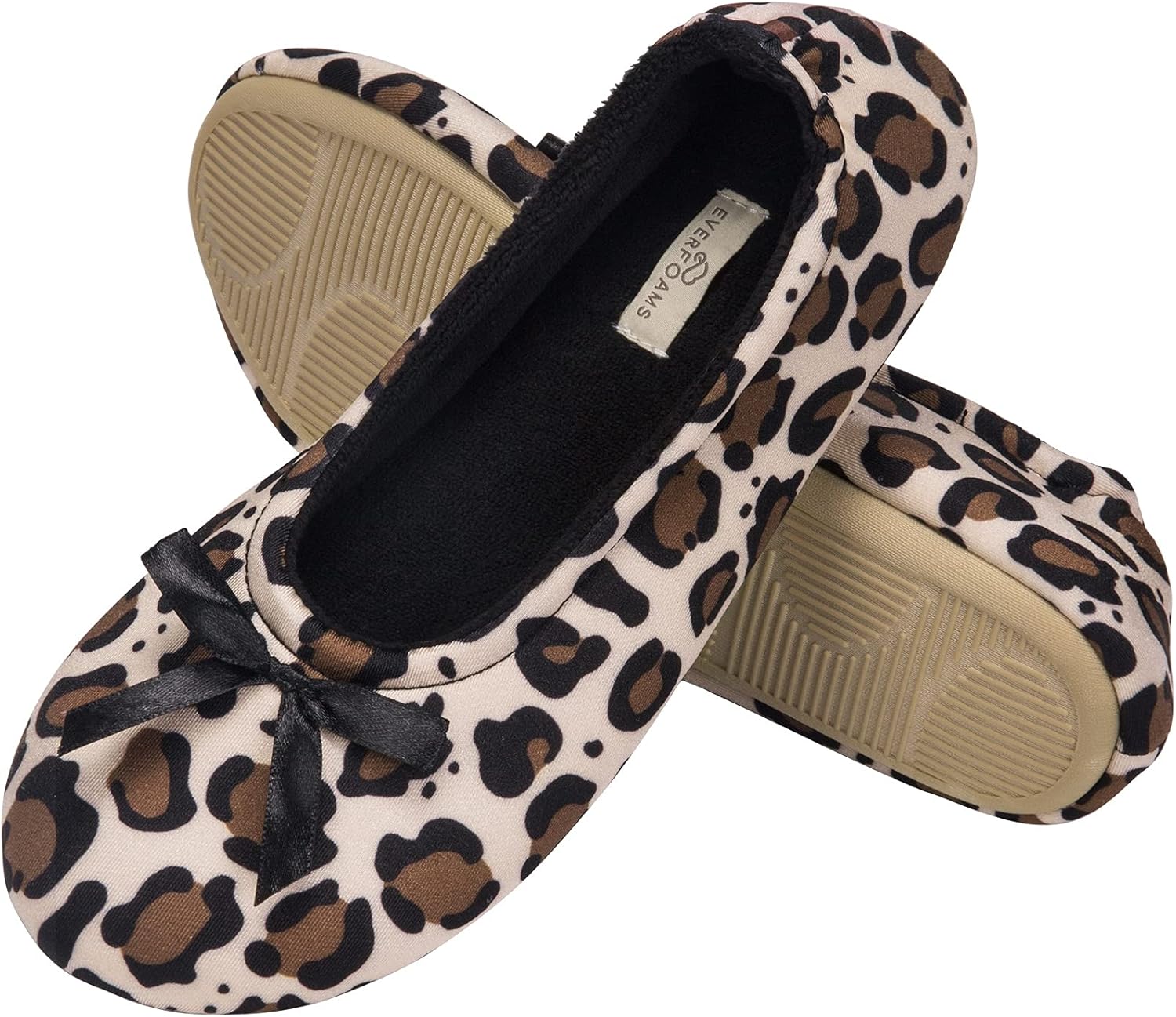 EverFoams Women's Satin Memory Foam Ballerina Slippers with Indoor Rubber Sole 9-10 Leopard