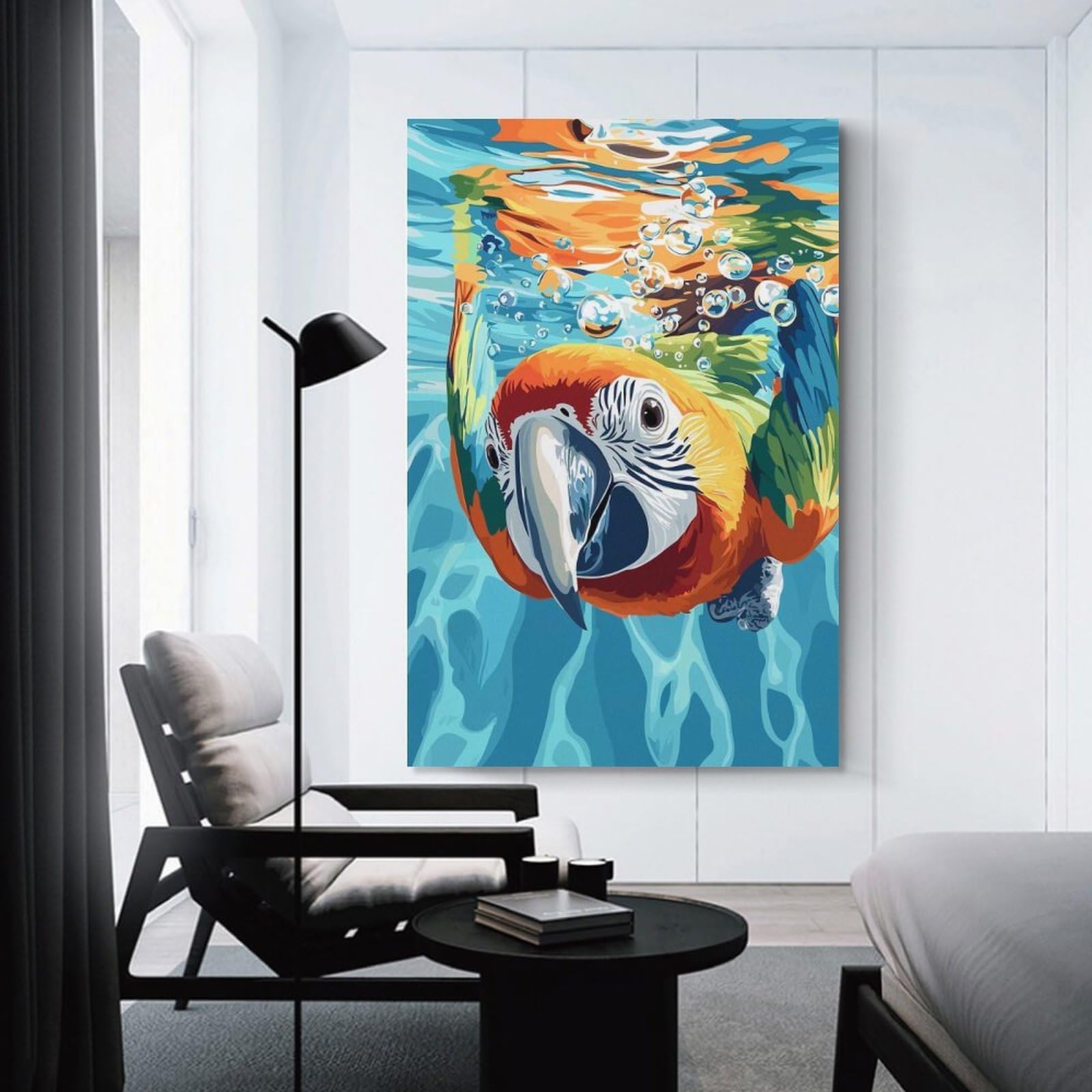 Junmoney Macaw Parrot Swimming Underwater Illustration Decorative Canvas Print, 20x30inch(50x75cm), for New Home Styling, Lounge Or Bedroom, Stylish Wall Art for Fresh Spaces