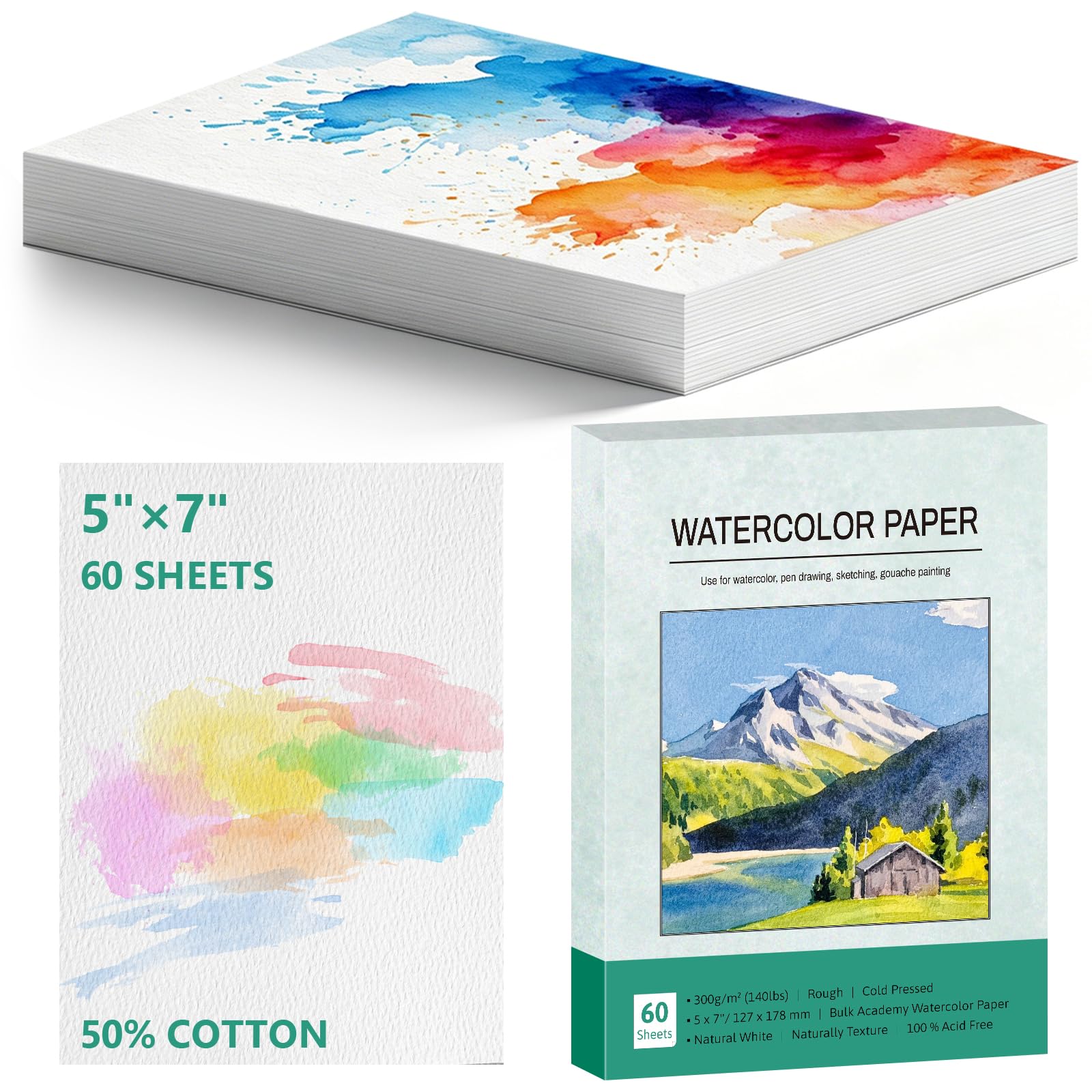 60 Sheets 5x7 Watercolor Paper Bulk, 140lbs/300gsm Cold Press Water Color Paper, 50% Cott…