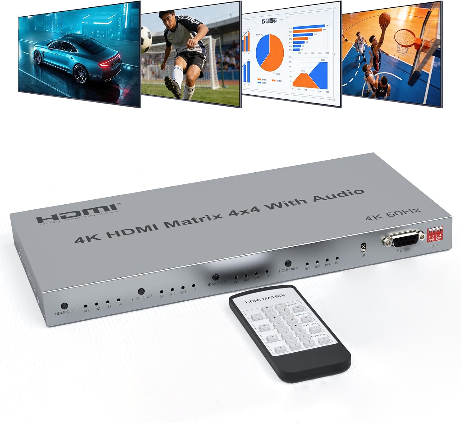 ICUIXIAN 4x4 HDMI Matrix Switch 4K60Hz YUV 4:4:4 with Audio Output, HDMI2.0-HDCP2.2, 3D, 18Gbps, HDMI Matrix Switcher 4x4 Splitter with Remote Control, EDIDI, RS232, 3.5mm Audio and Fiber Optic Ports