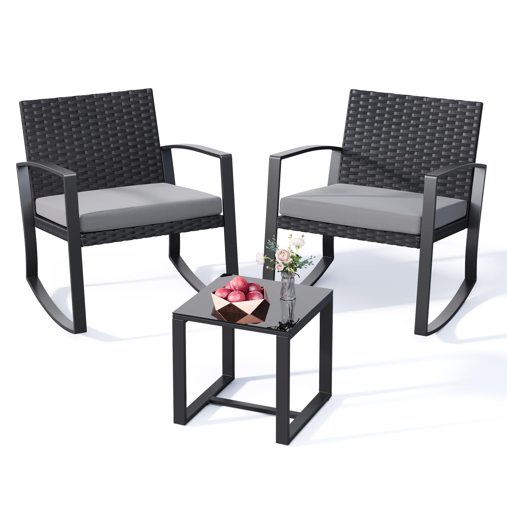 Xbro Conjunto de Bistró para Patio, 3 Piezas, Juego de 2 Sillas Mecedoras de Ratán con Mesa de Jardín, Muebles de Exterior para Terraza, Balcón y Porche