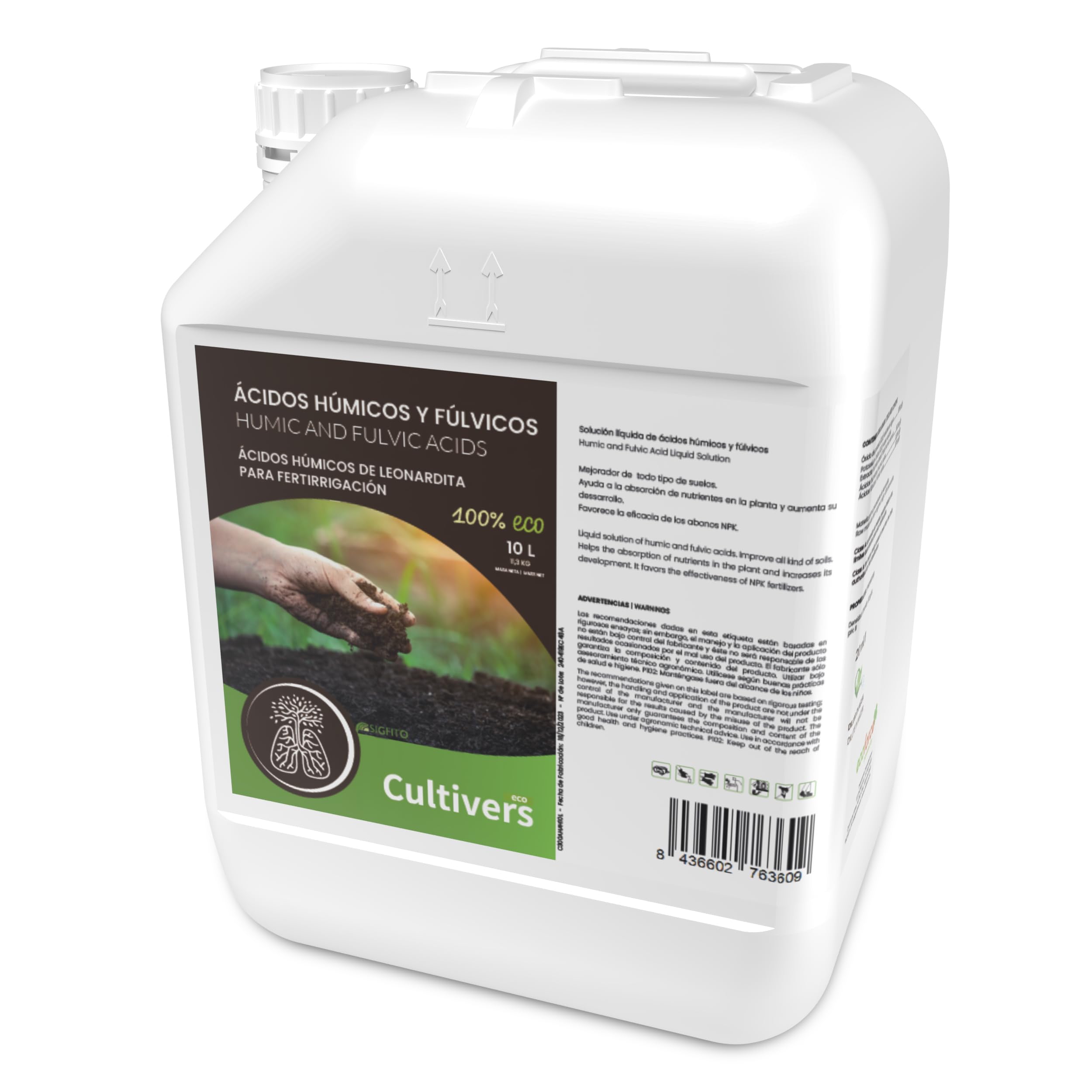 CULTIVERS Abono de Ácidos Húmicos y Fúlvicos 10L. Fertilizante de Leonardita. Potencia la fertilidad del Suelo Mejora la Capacidad de absorción de nutrientes y desarrolla la raíz. Force Humic