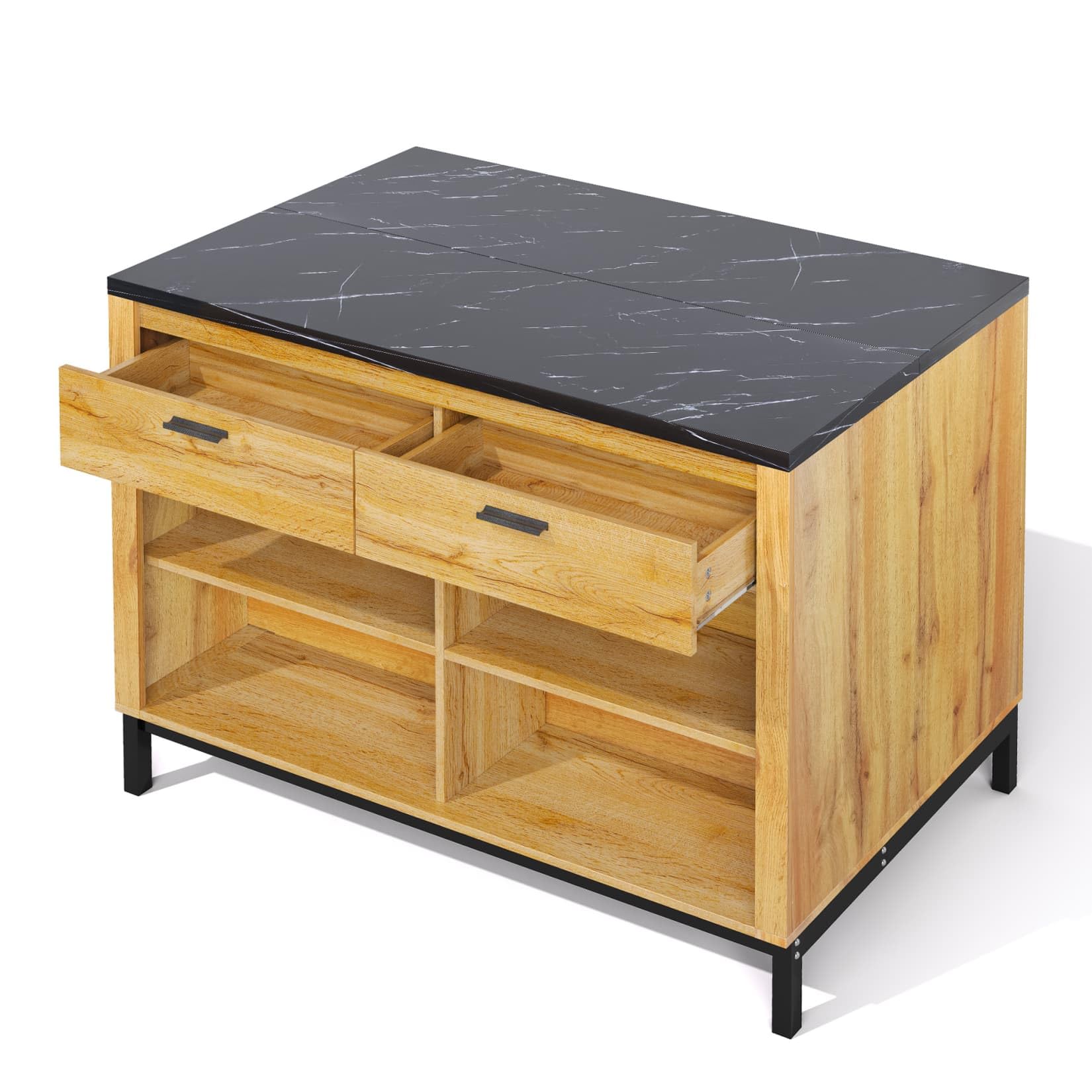 PUGSDRLY Îlot Central Cuisine 120x75x90 cm,Meuble de Cuisine,Buffet Salle a Manger avec Plan de Travail de Marbre Noir,2 Tiroirs,4 étagères Ouvertes,pour Salles à Manger(E-Natuel)