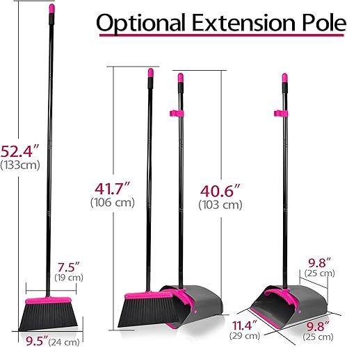 Miniatura 5 de JEHONN Juego de escoba y recogedor para el hogar, gris, rojo y rojo rosa, mango largo, escoba ligera giratoria de 180 grados, bandeja de polvo