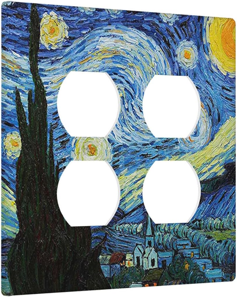 Moslion Starry Night Double Duplex Outlet Plug Covers Van Gogh Oil Painting Arts Farmhouse Sky Moon 2-Gang Wall Plates Switch Covers Combination Home Kitchen Decoration image 3
