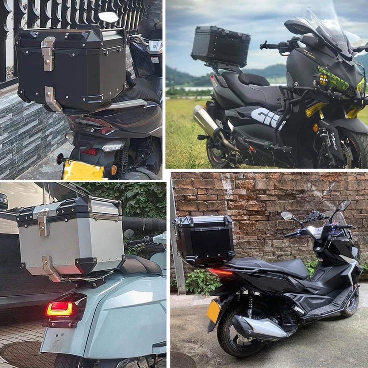 45L 55L 65L 80L 100L Top Case Coffre Moto,Valise pour Moto en Aluminium étanche,Top Cases pour Moto,Valise arrière pour Scooter ou Moto,avec Plaque de Montage et Dossier(Black,55 L)