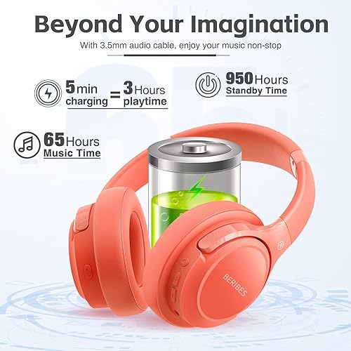 Miniatura 5 de BERIBES Auriculares Bluetooth sobre la oreja, tiempo de reproducción de 65 horas y 6 modos de música ecualizados, auriculares inalámbricos con