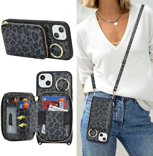 Miniatura 37 de Funda tipo cartera con bandolera para iPhone 15 Pro Max, funda de piel sintética con cierre de cremallera, funda tipo atril con ranuras para Oro