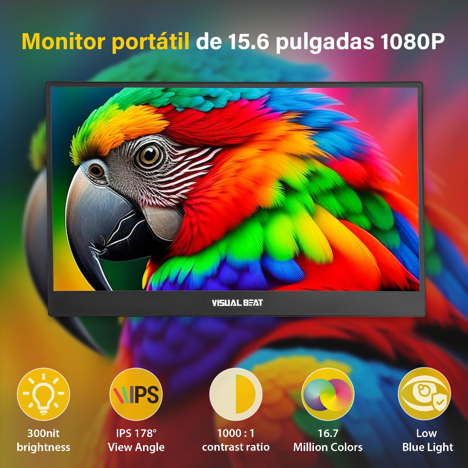 Visual Beat Monitor Portátil 15,6" Full HD 1080P, IPS 100% sRGB, USB-C y HDMI, Funda Soporte, VESA, para Portátil, PC, Mac, PS5, Xbox y Switch