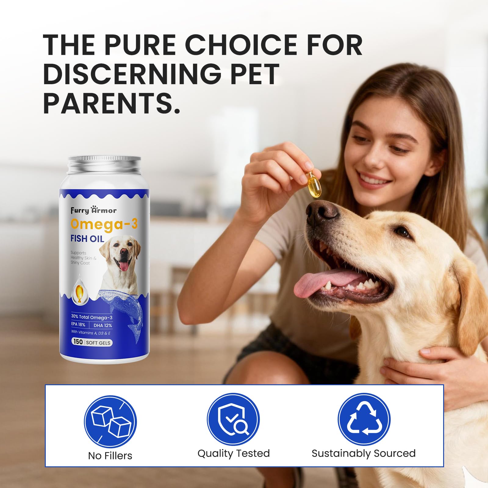 Furry Armor Omega 3 Fish Oil for Dogs - 150 Softgels for Skin, Coat & Joint Support | Tasty Fast-Absorbing Supplement with EPA & DHA | Made from Wild-Caught Fish