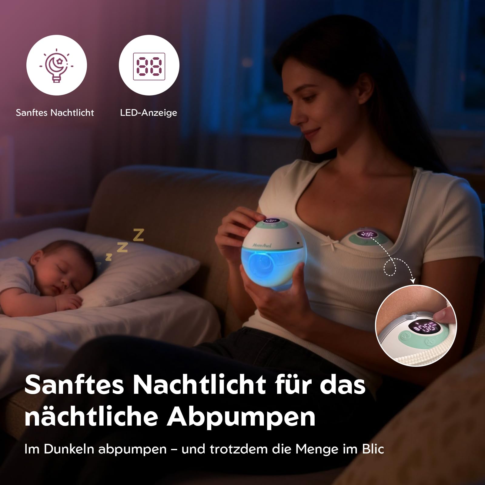 MOMMED Milchpumpe, 27mm Milchpumpe Elektrisch mit 4 Modi & 12 Saugstärken, Eingebautem Nachtlicht & Leckschutz-Design, Inklusive 17/19/21/24mm Flansch-Einsätze