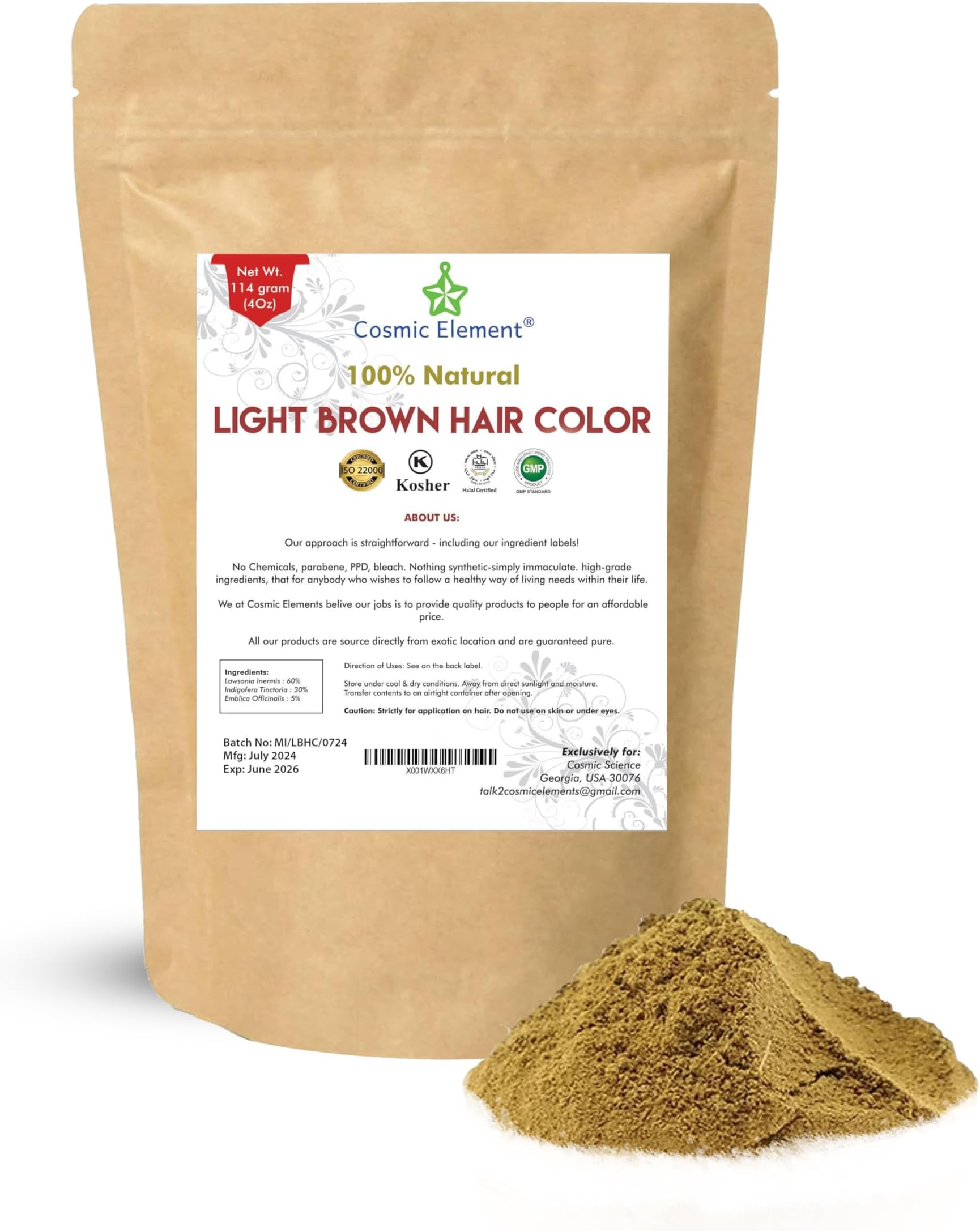 Cosmic Element Light Brown Henna Powder for Hair & Beard Color - Organic Natural Hair Dye, Chemical Free, Gluten Free, Cruelty Free - 4 oz