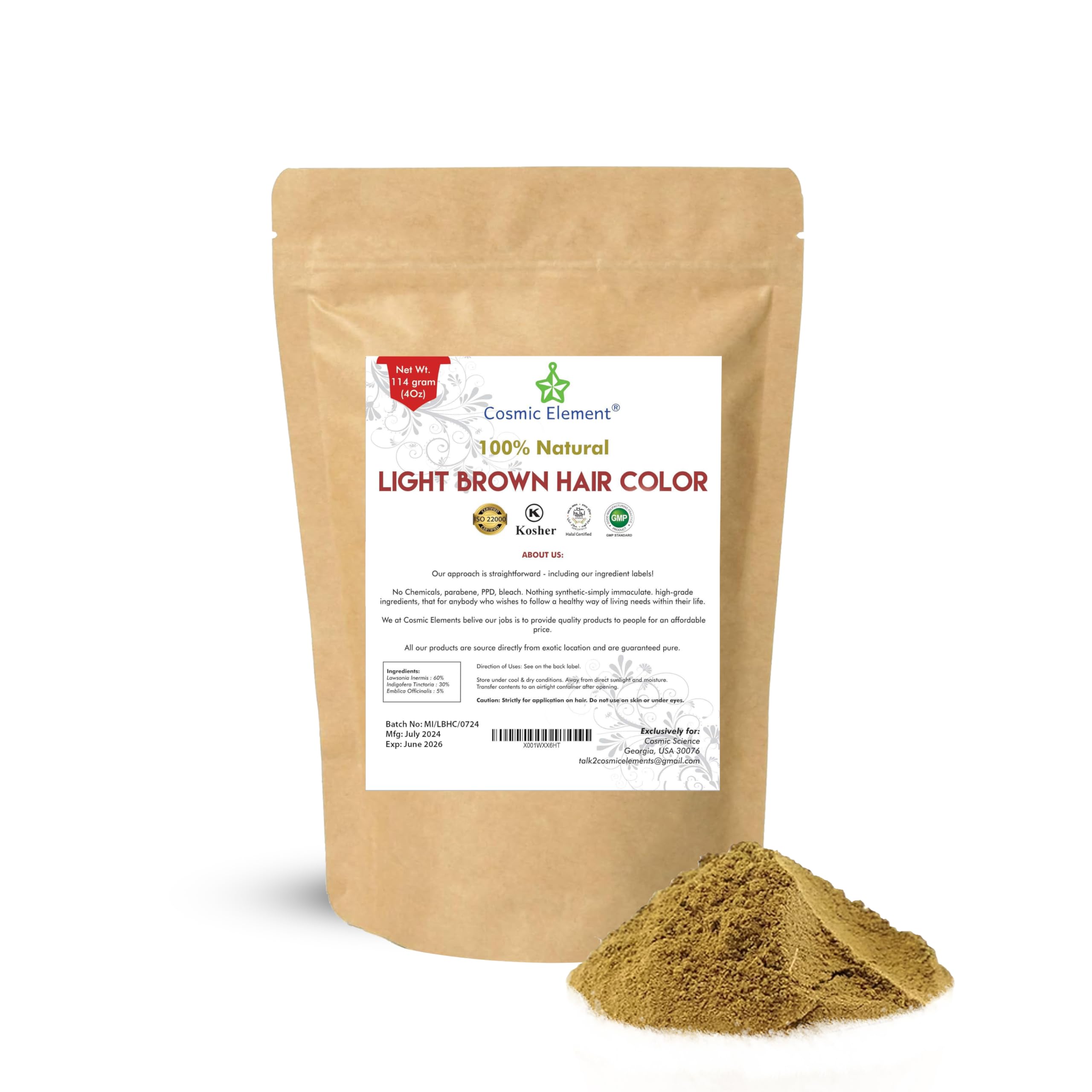 Cosmic Element Light Brown Henna Powder for Hair & Beard Color - Organic Natural Hair Dye, Chemical Free, Gluten Free, Cruelty Free - 4 ozUSDA Organic