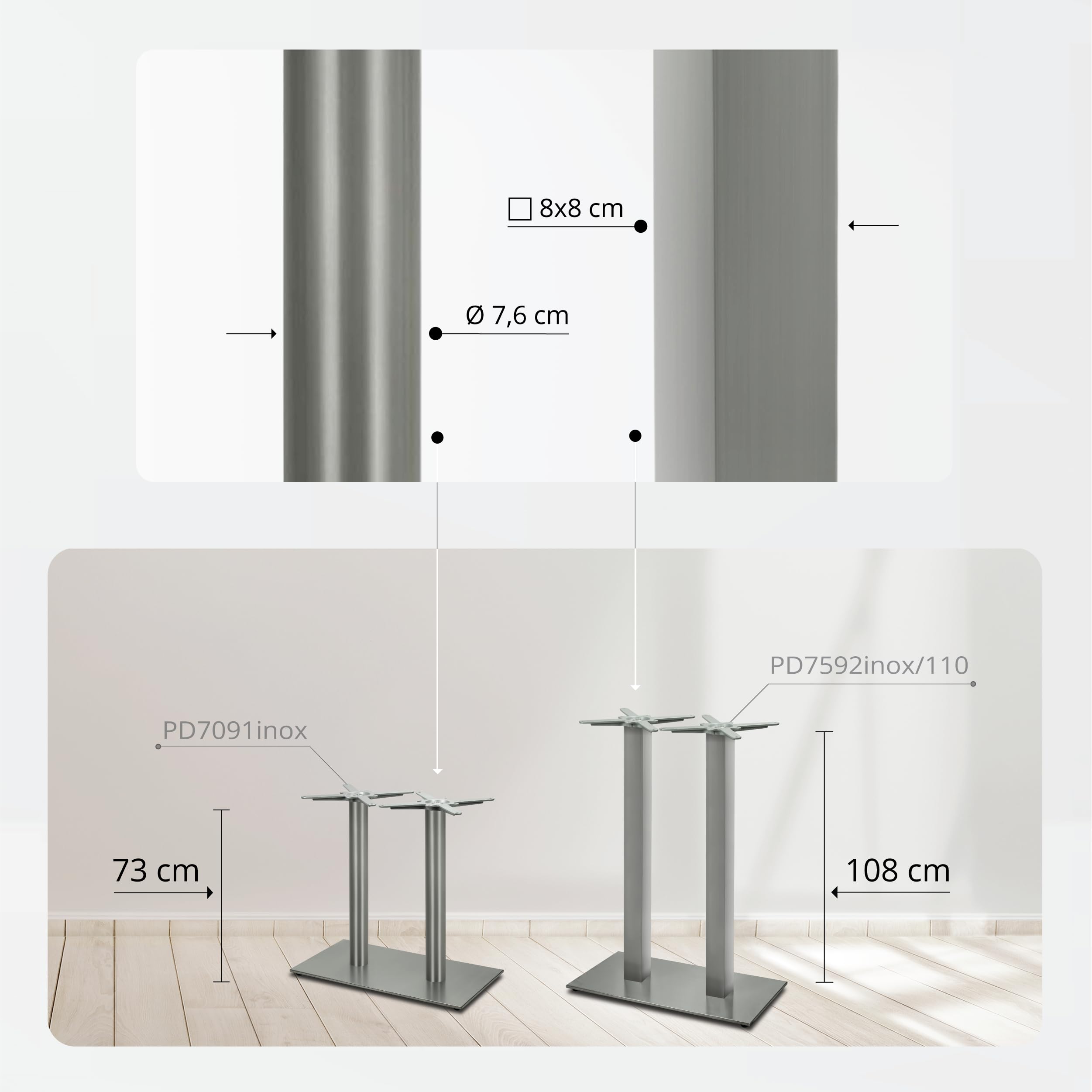 Doppel Tischgestell | Premium | PD7091inox | INOX | Edelstahl Esstisch Tischbein | Höhe 73 cm | 31 kg | Bodenplatte 75x40 cm | max. Tischplattengröße 160x80 cm