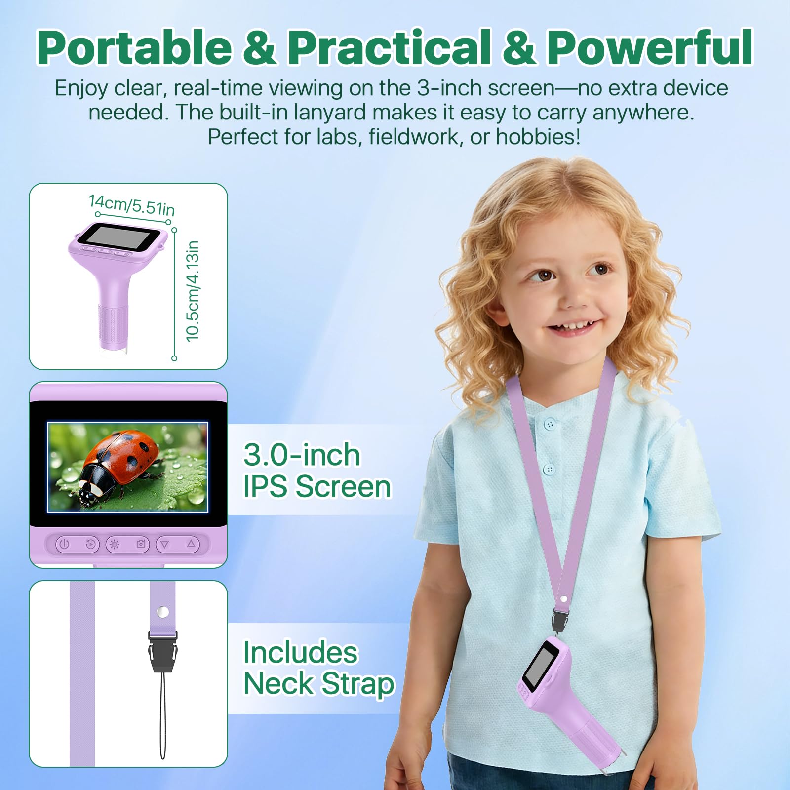 Microscope Enfant Numérique de Poche Portable: 3.0" Grand Écran 1000X 32GB Microscope Rechargeable Kit de Lames Biologiques Loupe Cadeau Scientifique pour Enfants Violet