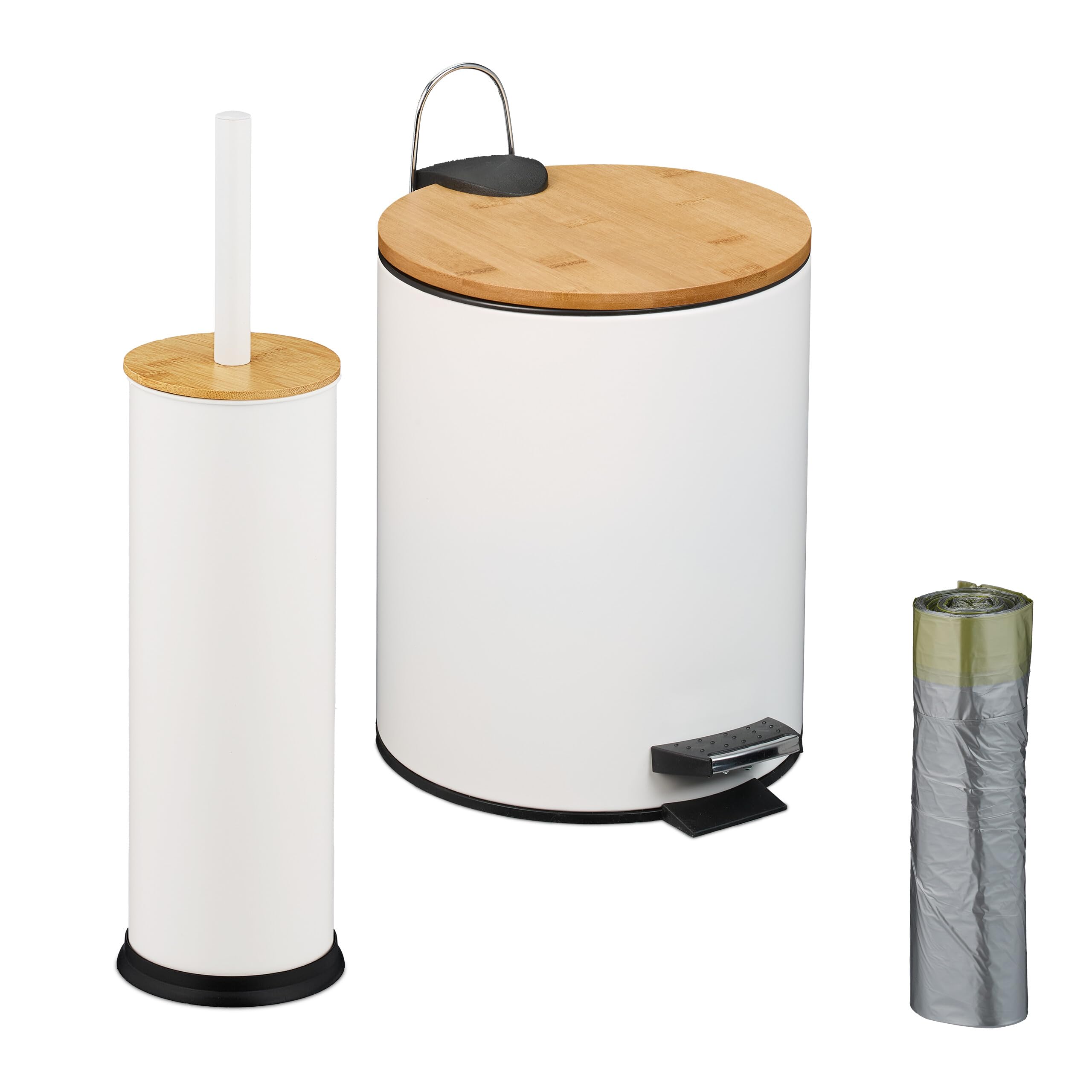 Relaxdays Set da Bagno con 2 Accessori, Pattumiera da 5 L e Portascopino con Spazzola WC, Ferro e bambù, Naturale Bianco