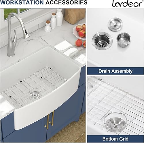 Miniatura 3 de Lordear - Fregadero de cocina de granja de 30 pulgadas, blanco, cerámica de arcilla refractaria y porcelana curva, fregadero delantero de delantal