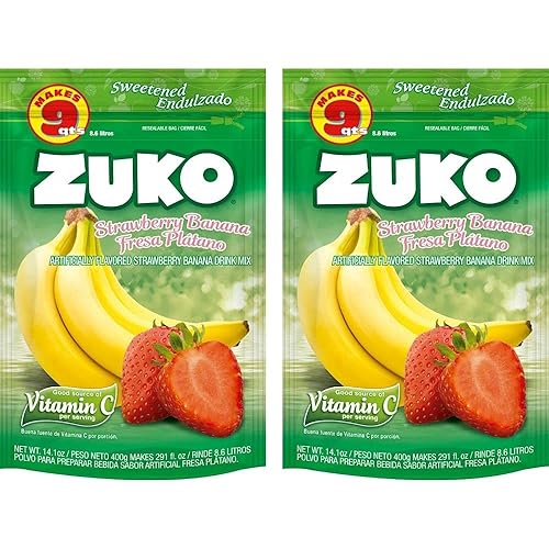 Zuko Bebida instantánea en polvo de fresa y plátano paquete familiar no necesita azúcar vitamina C 141 onzas paquete de 2