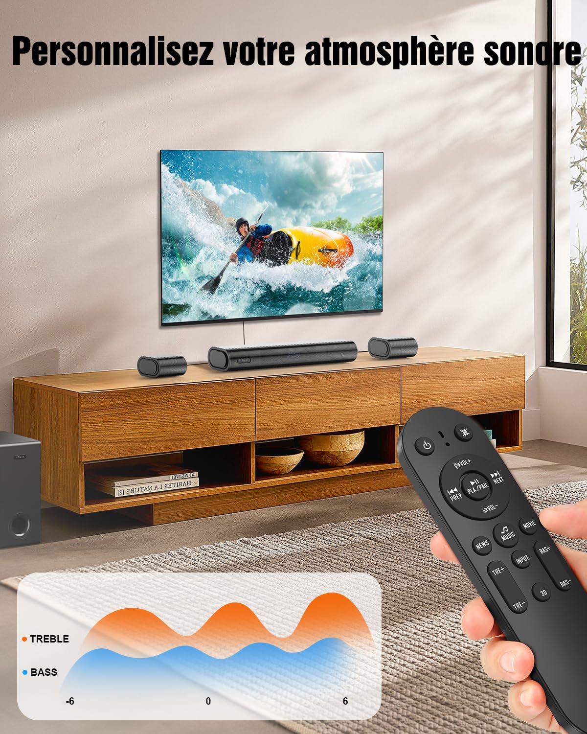 Hiwill 4.1 Dolby Atmos Barre de Son, 300W pour Smart TV avec Caisson de Basses, 2 Enceintes Surround Avant, Barre de Son pour Haut-Parleur TV, Basses réglables, HiElite A41