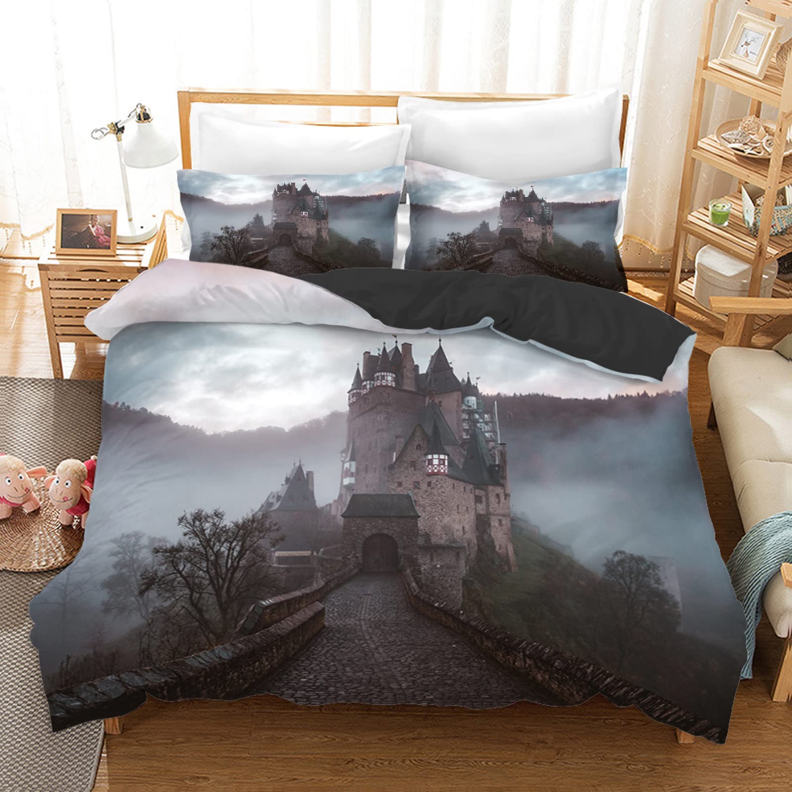 Housse de Couette Fermeture Éclair 140 X 200 Château Gris Anti-Glissement