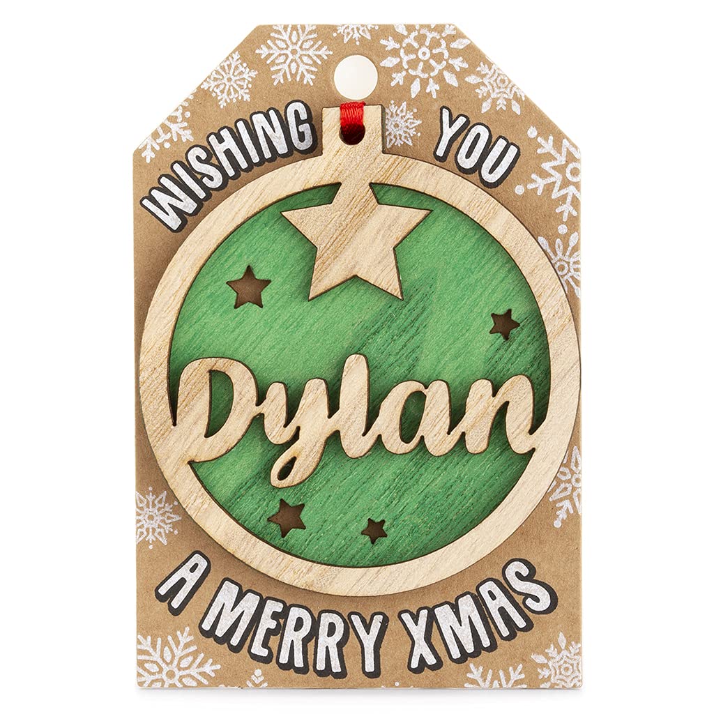 Stands Out, Supplying Outstanding Gifts Dylan Personalised Wooden Name Green Hanging Christmas Tree Bauble Decoration