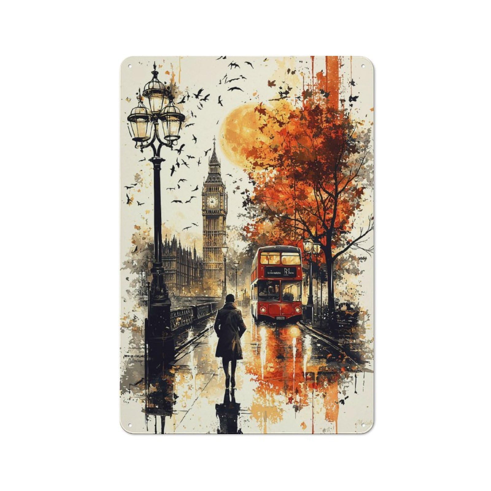 Junmoney Autumn Evening In London A Rainy Cityscape Metal Wall Sign 30X20cm Featuring For Workshop Wall, For Makers And Diy Enthusiasts